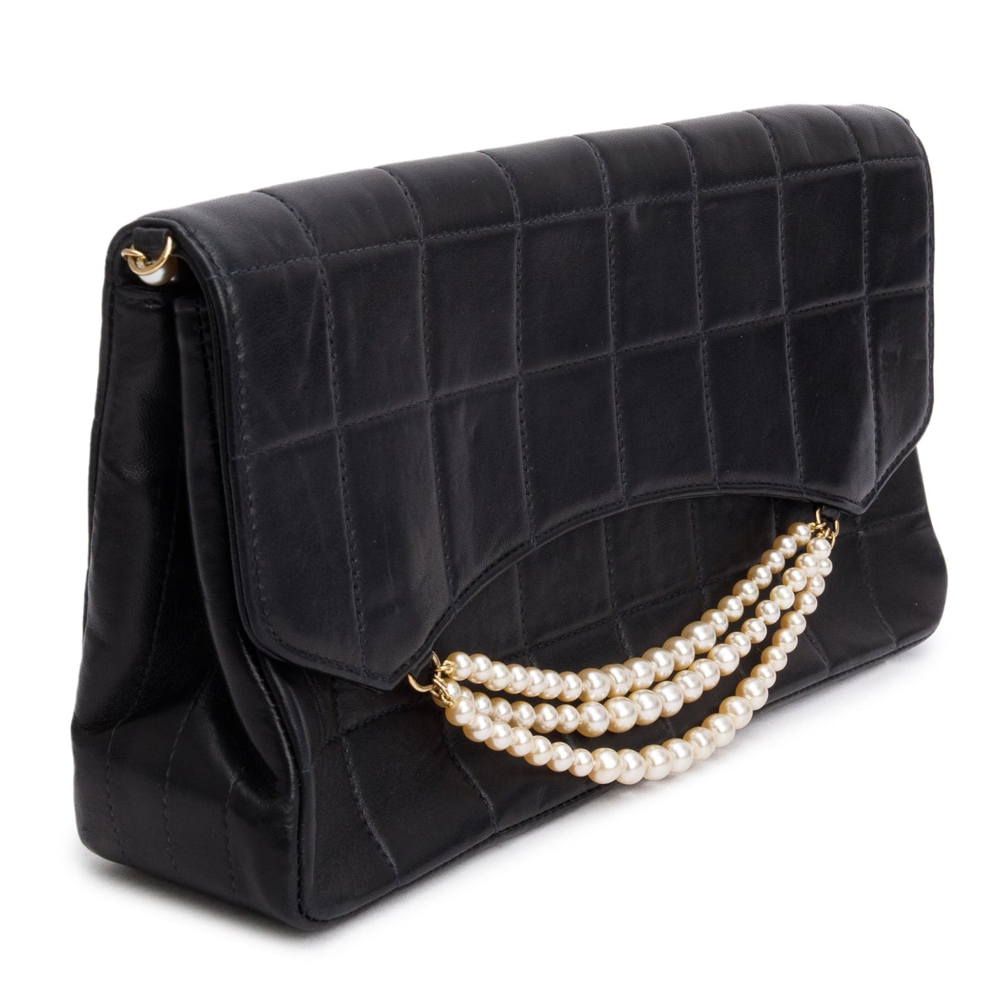 Chanel Vintage Black Lambskin Quilted Chocolate Bar Pearl Flap Bag
