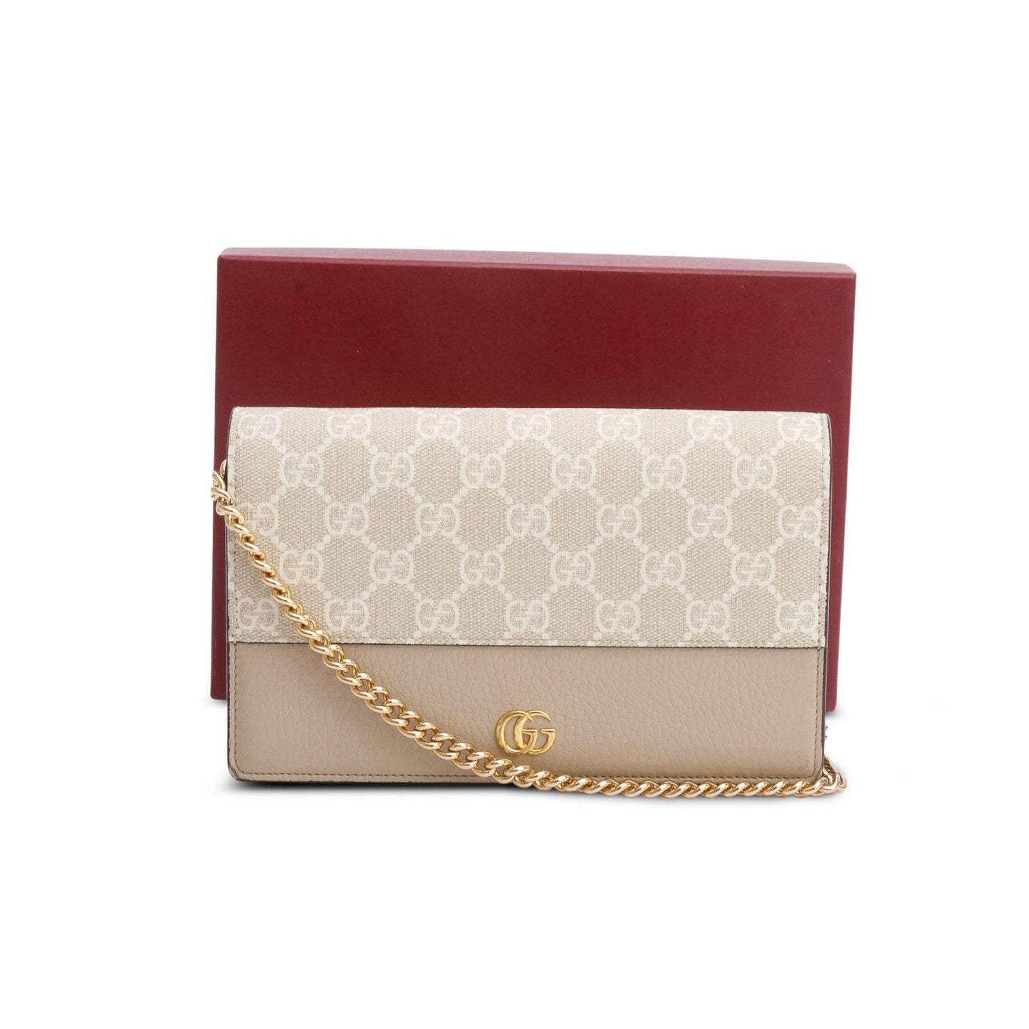 Gucci Beige GG Supreme Monogram Textured Dollar Calfskin Mini GG Marmont Chain Wallet