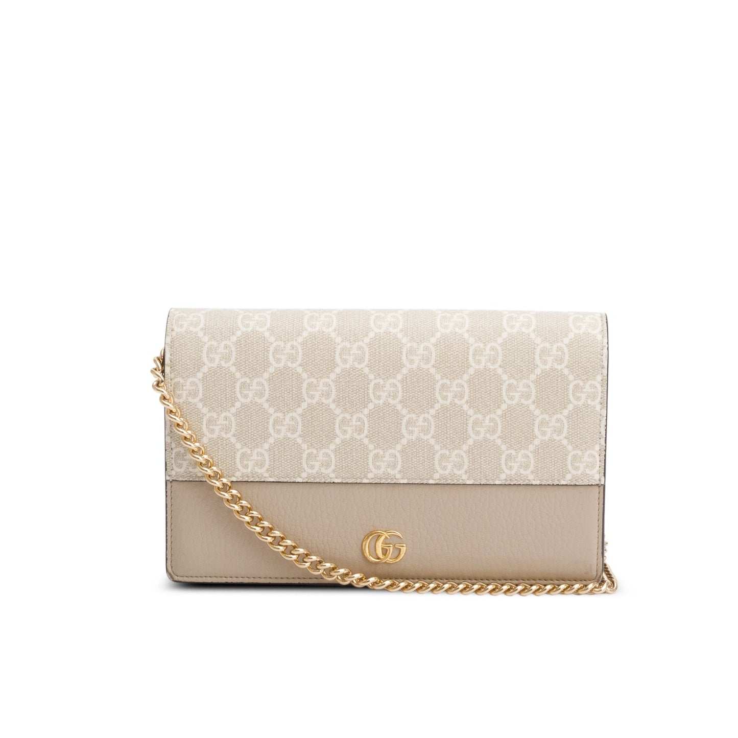 Gucci Beige GG Supreme Monogram Textured Dollar Calfskin Mini GG Marmont Chain Wallet