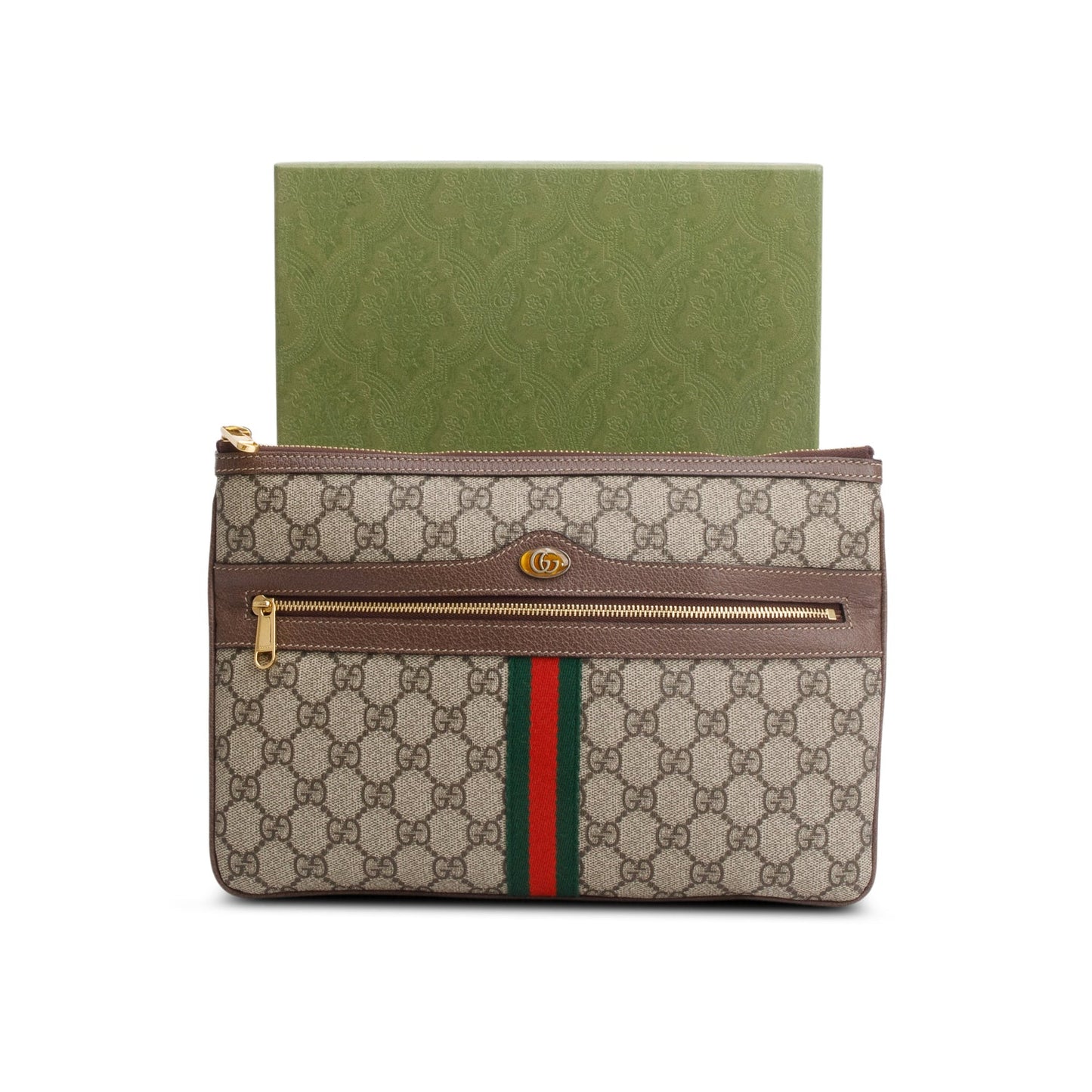 Gucci Brown GG Supreme Monogram Large Ophidia Pouch Clutch