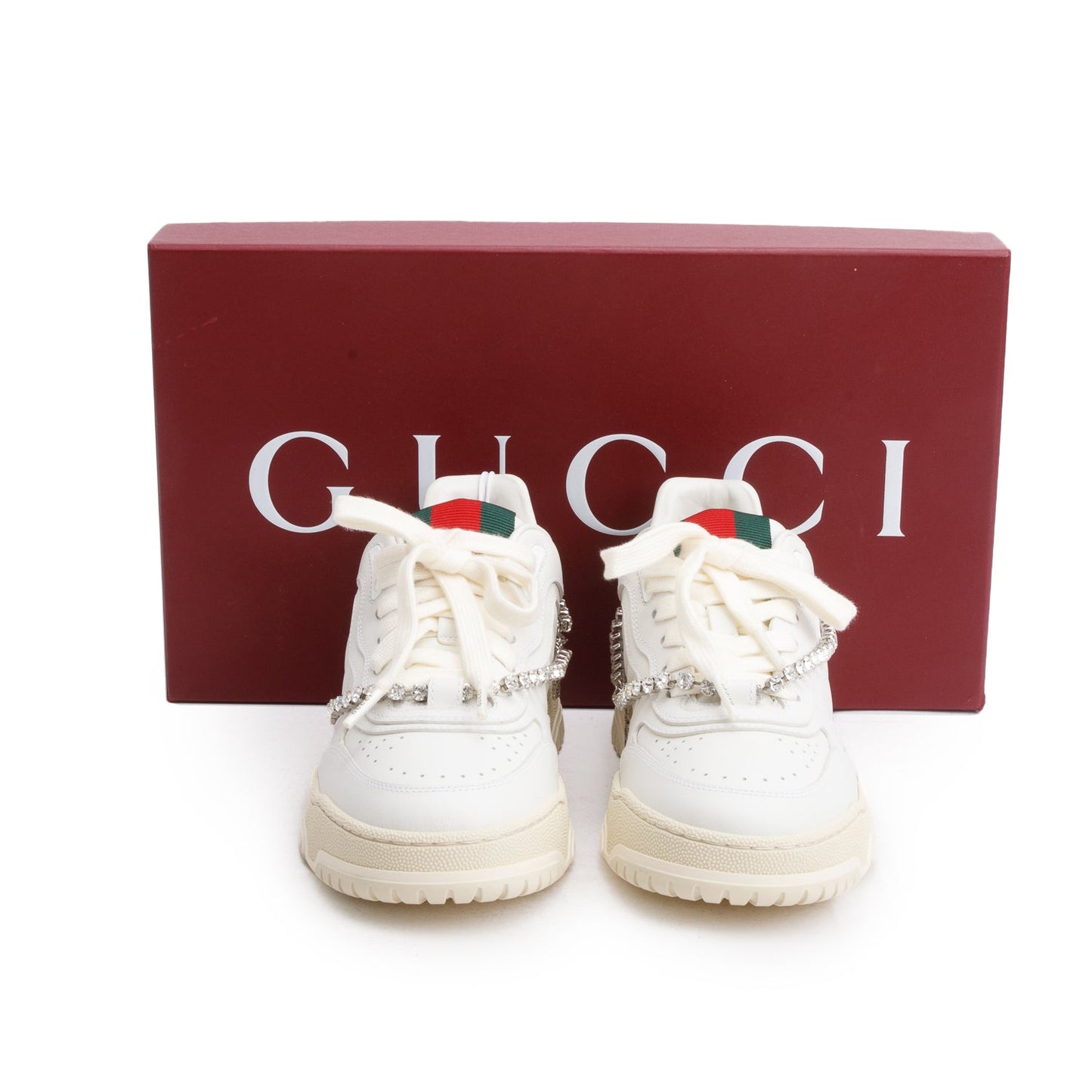Gucci White Leather Re-Web Crystal Chain Sneakers, Size 37.5