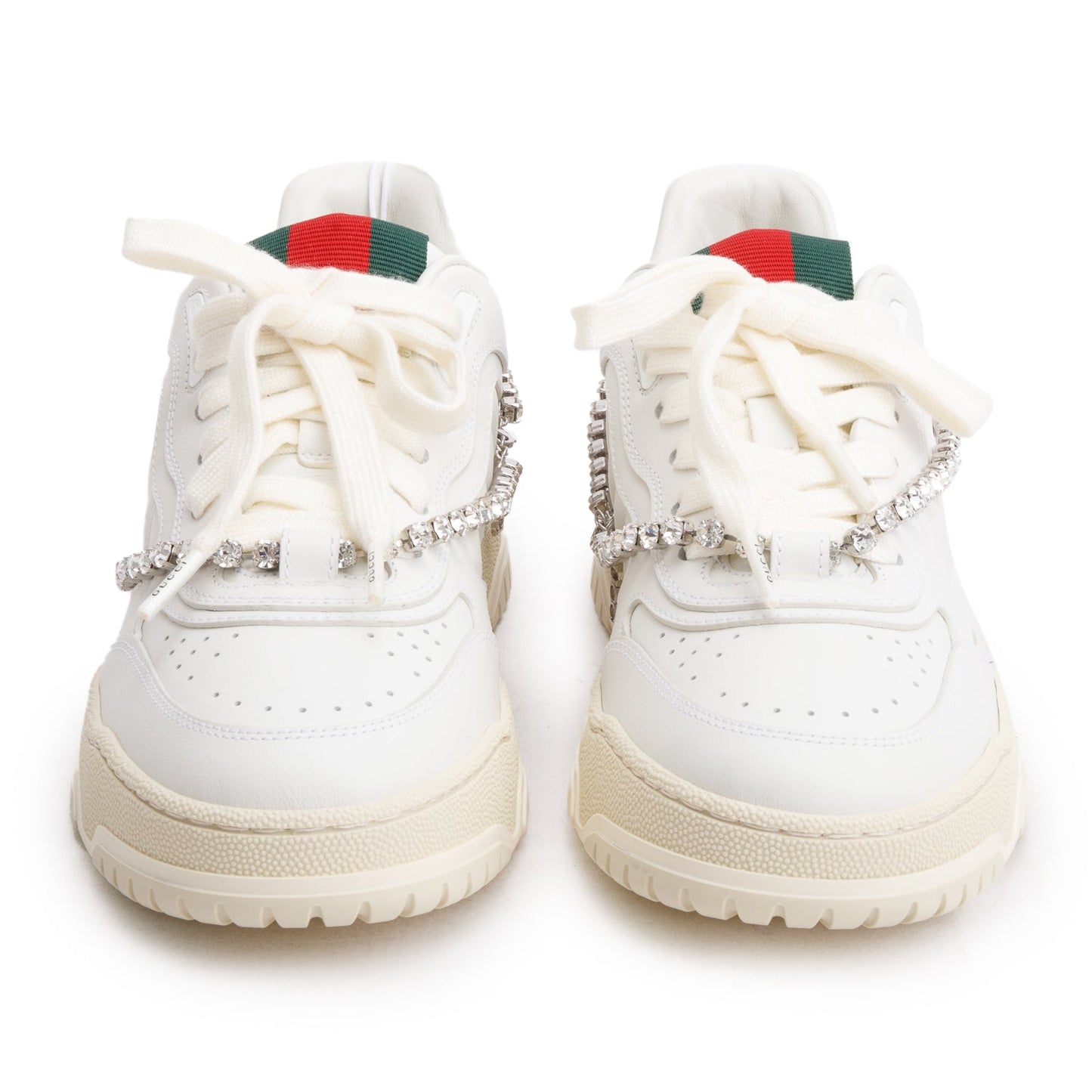 Gucci White Leather Re-Web Crystal Chain Sneakers, Size 37.5