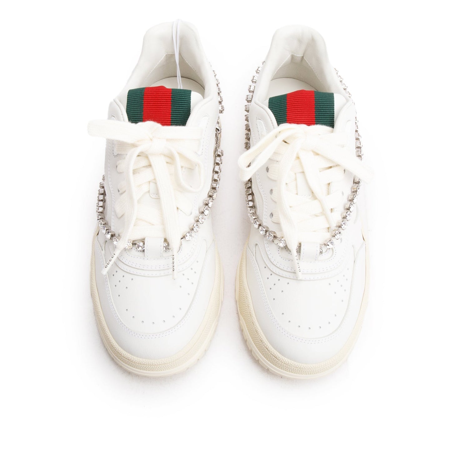 Gucci White Leather Re-Web Crystal Chain Sneakers, Size 37.5