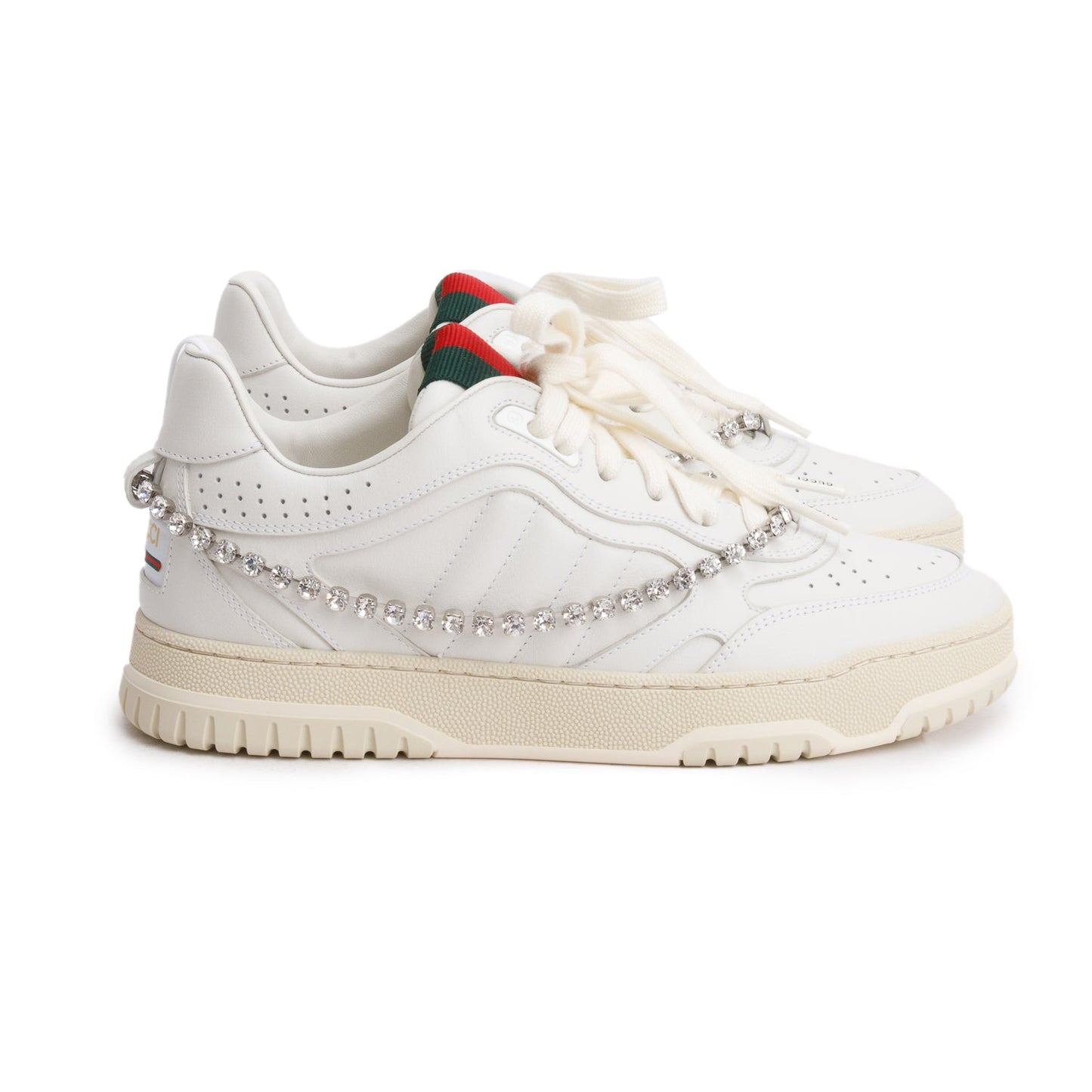 Gucci White Leather Re-Web Crystal Chain Sneakers, Size 37.5