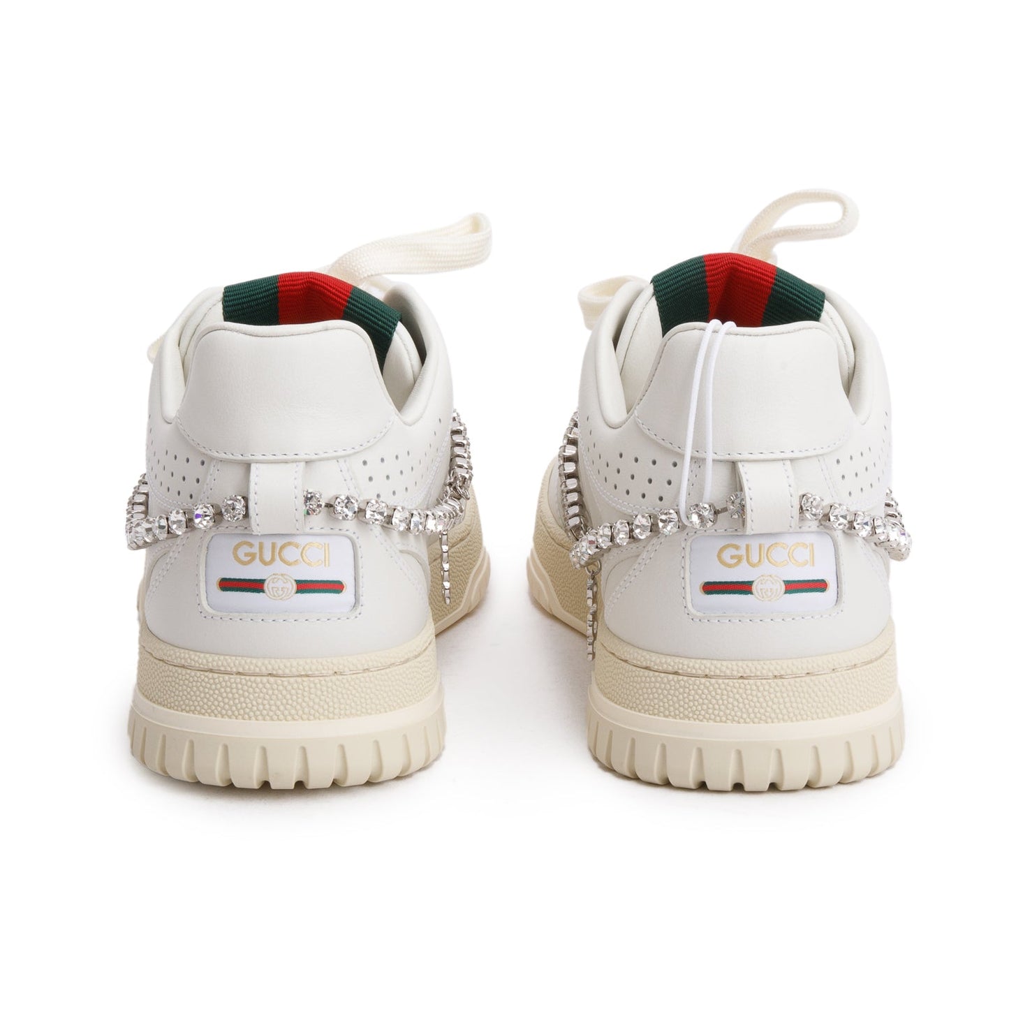 Gucci White Leather Re-Web Crystal Chain Sneakers, Size 37.5