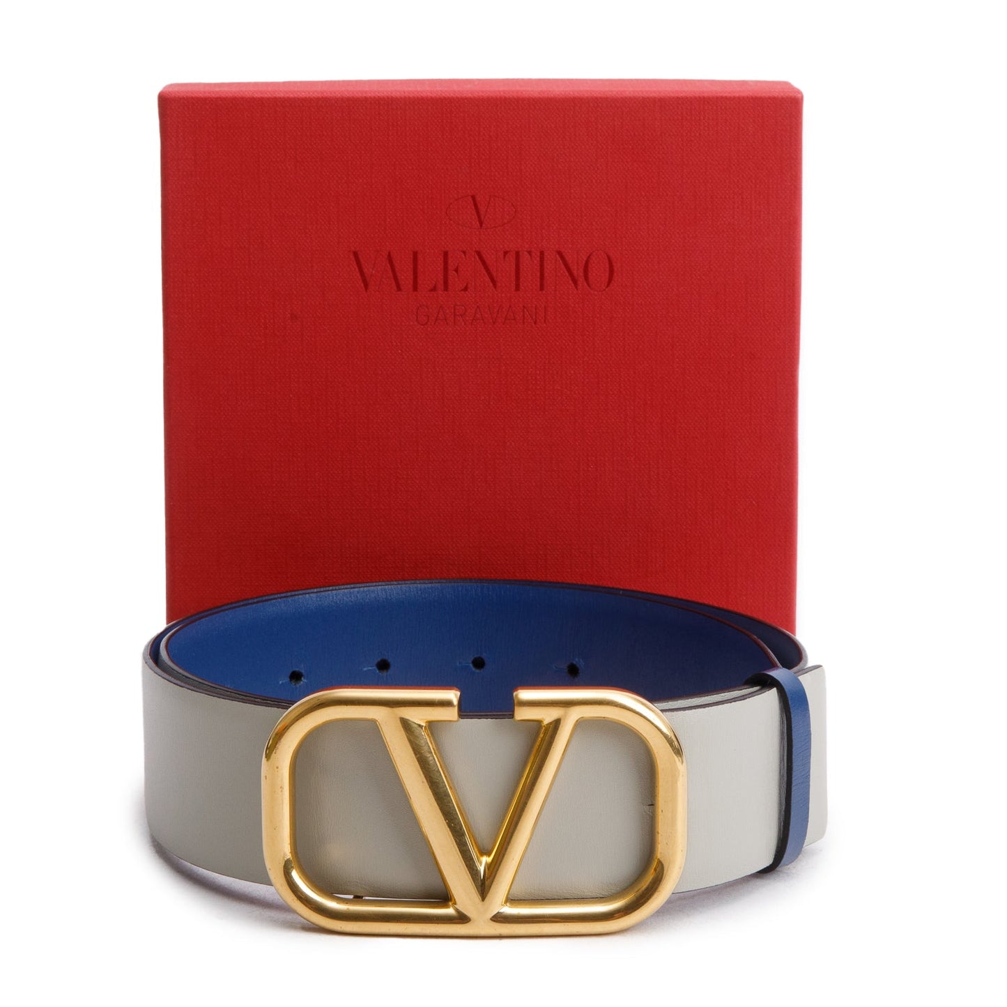 Valentino Blue Grey Glossy Calfskin VLogo Reversible Belt 70 28