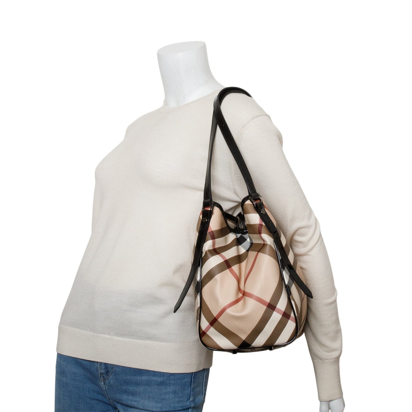 Burberry Patent Leather-Trimmed Nova Check Tote Bag