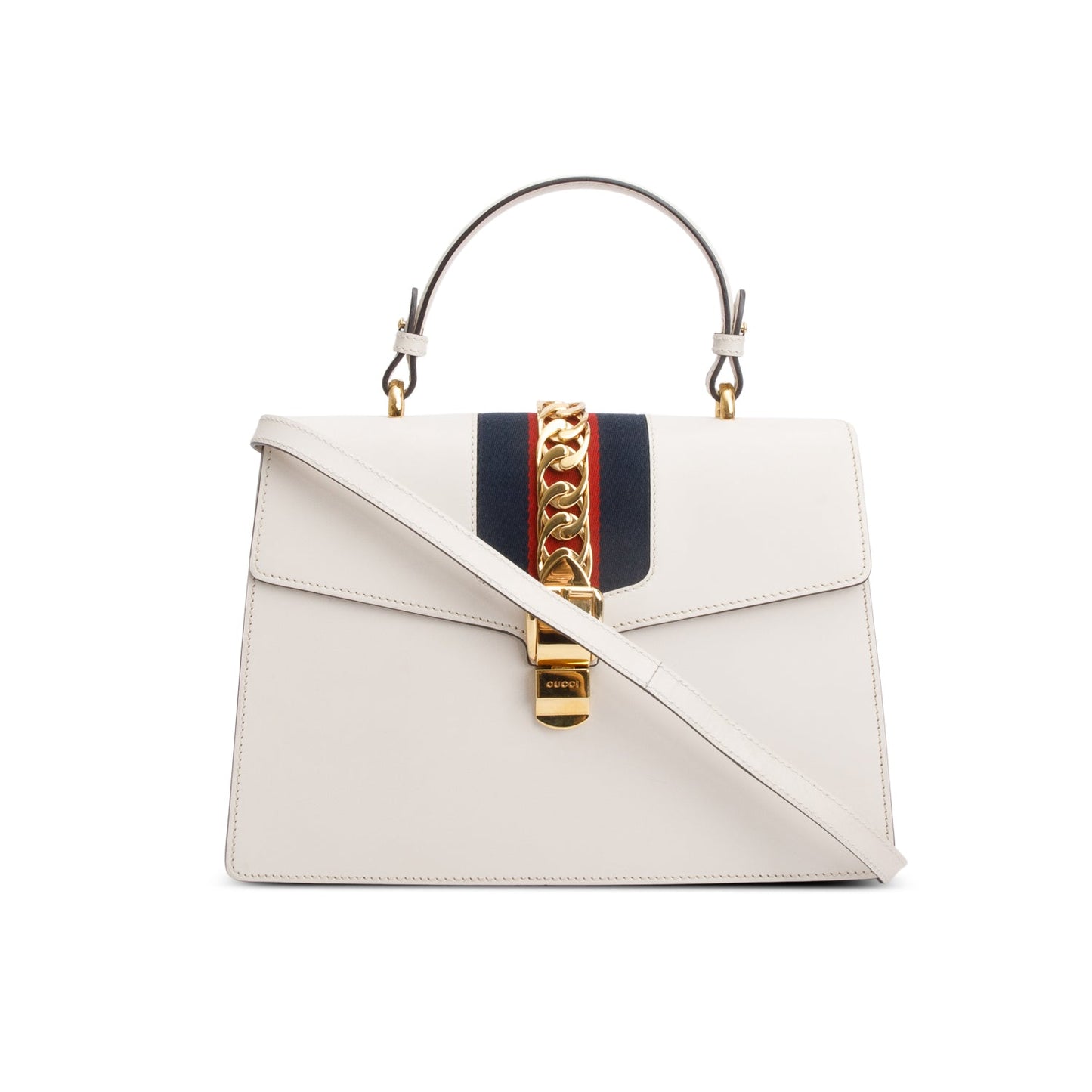 Gucci White Calfskin Leather Web Medium Sylvie Handle Bag