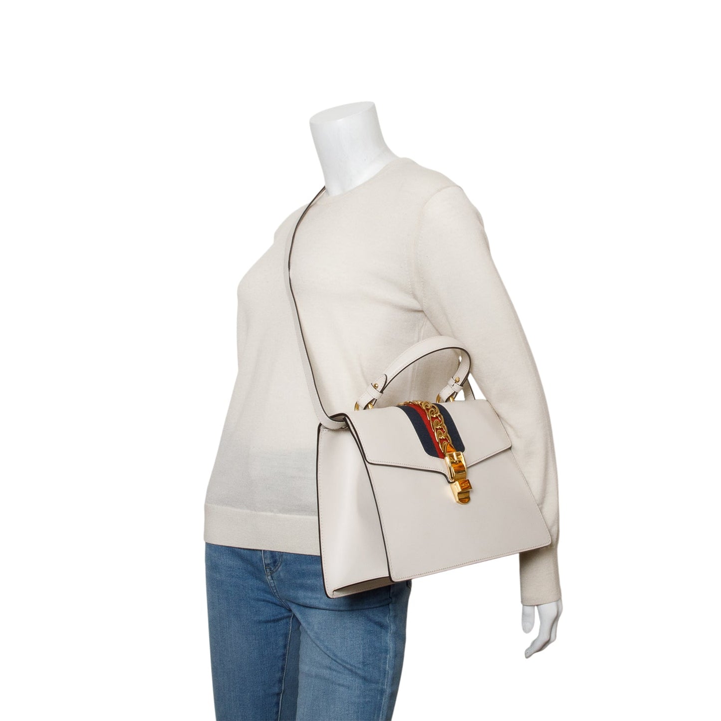 Gucci White Calfskin Leather Web Medium Sylvie Handle Bag