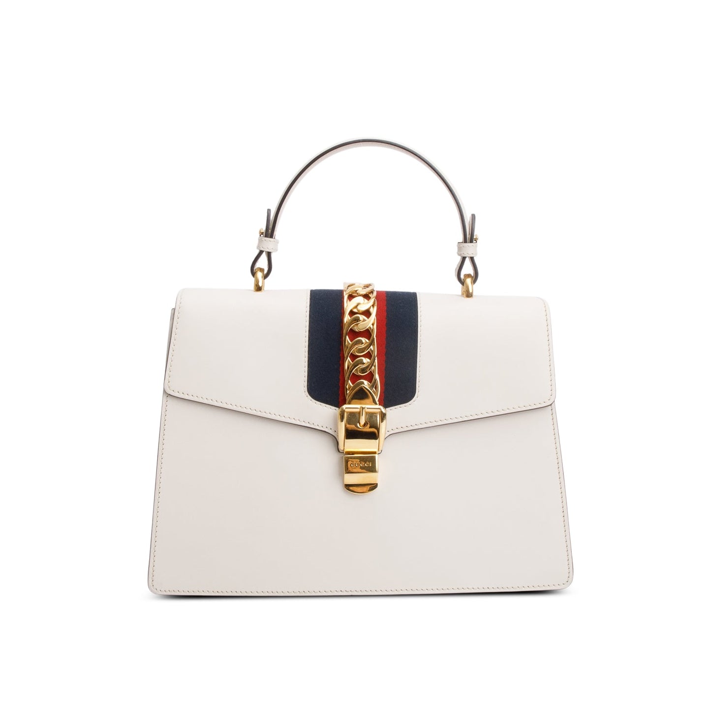 Gucci White Calfskin Leather Web Medium Sylvie Handle Bag