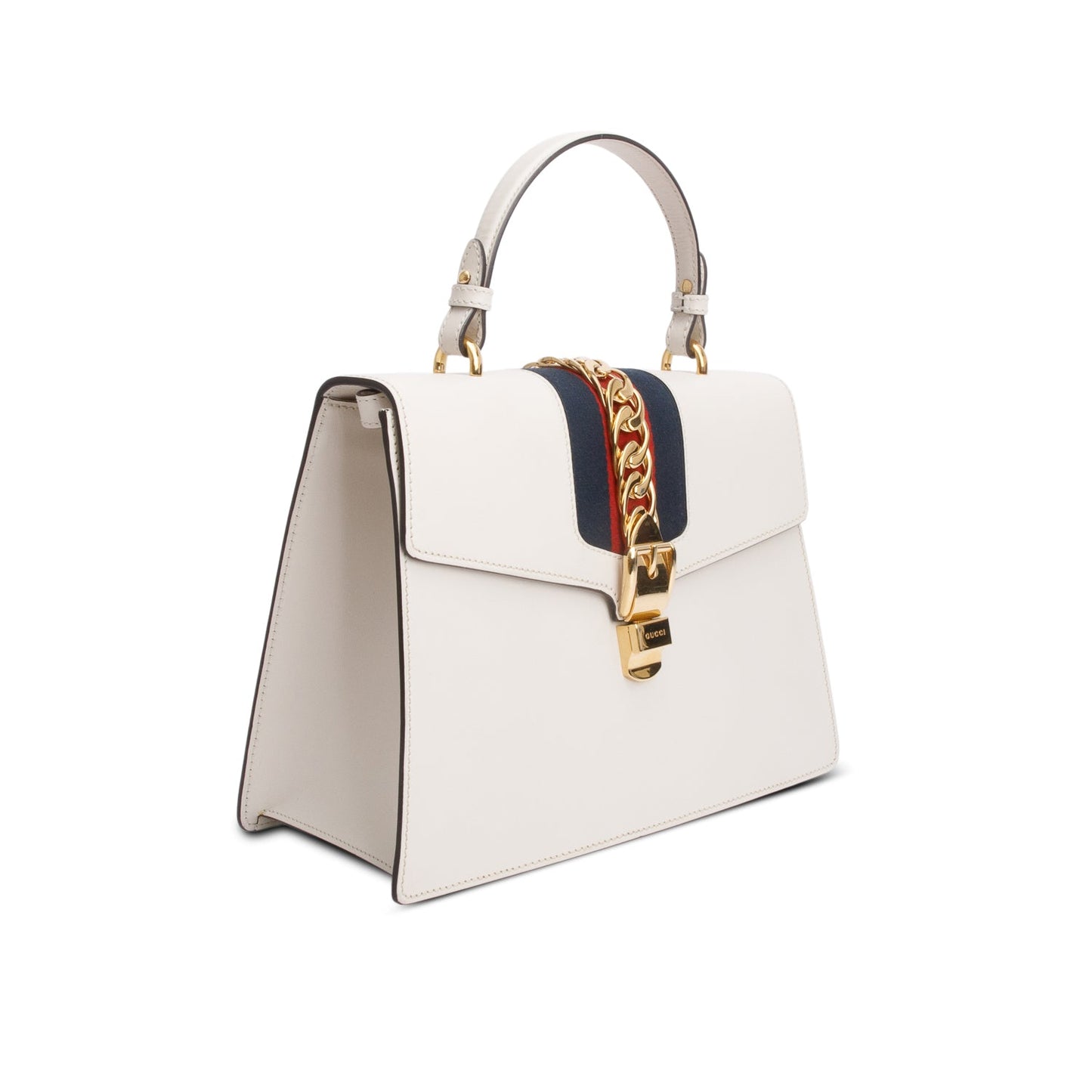 Gucci White Calfskin Leather Web Medium Sylvie Handle Bag