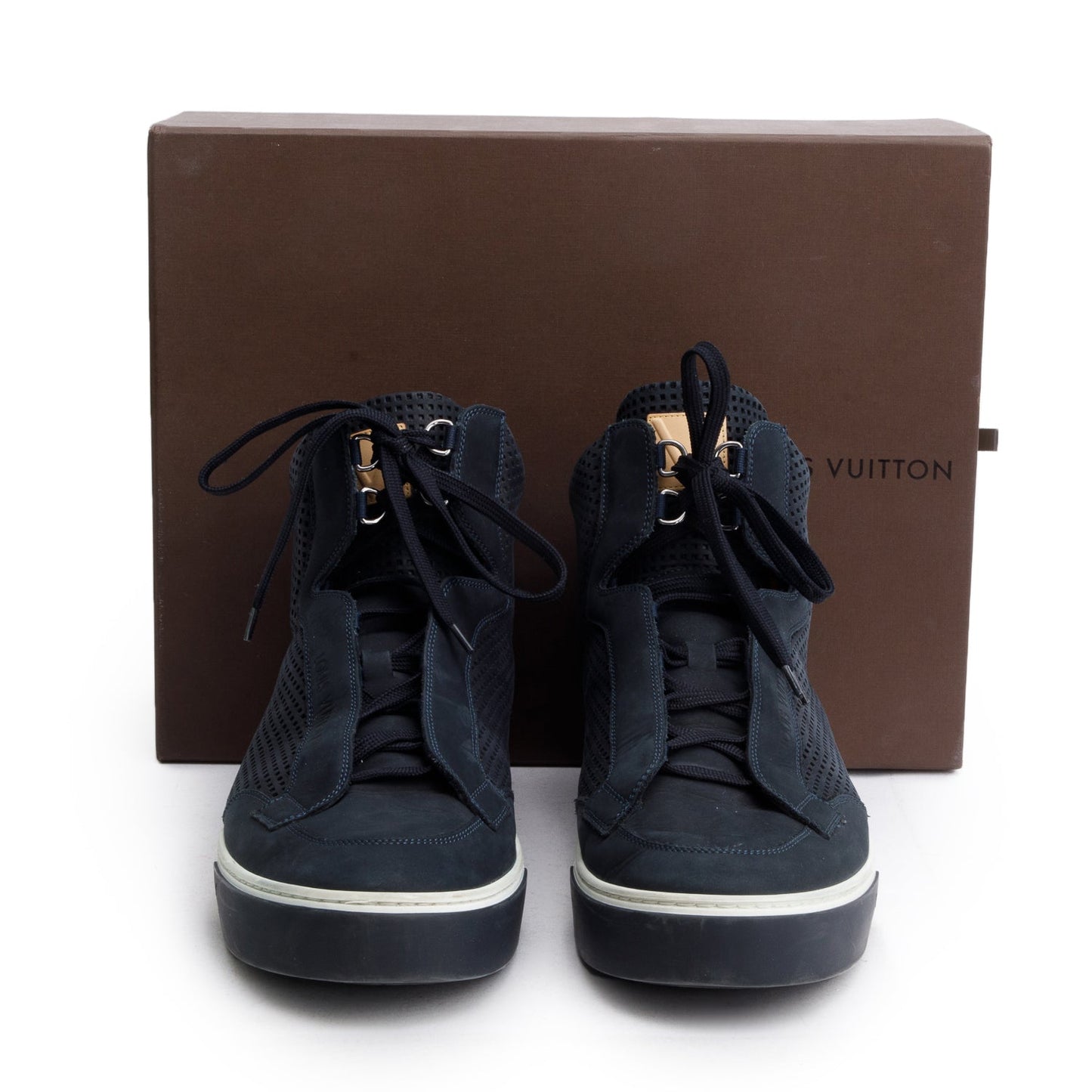 Louis Vuitton Navy Leather Speaker High Top Sneakers, Men's 8.5