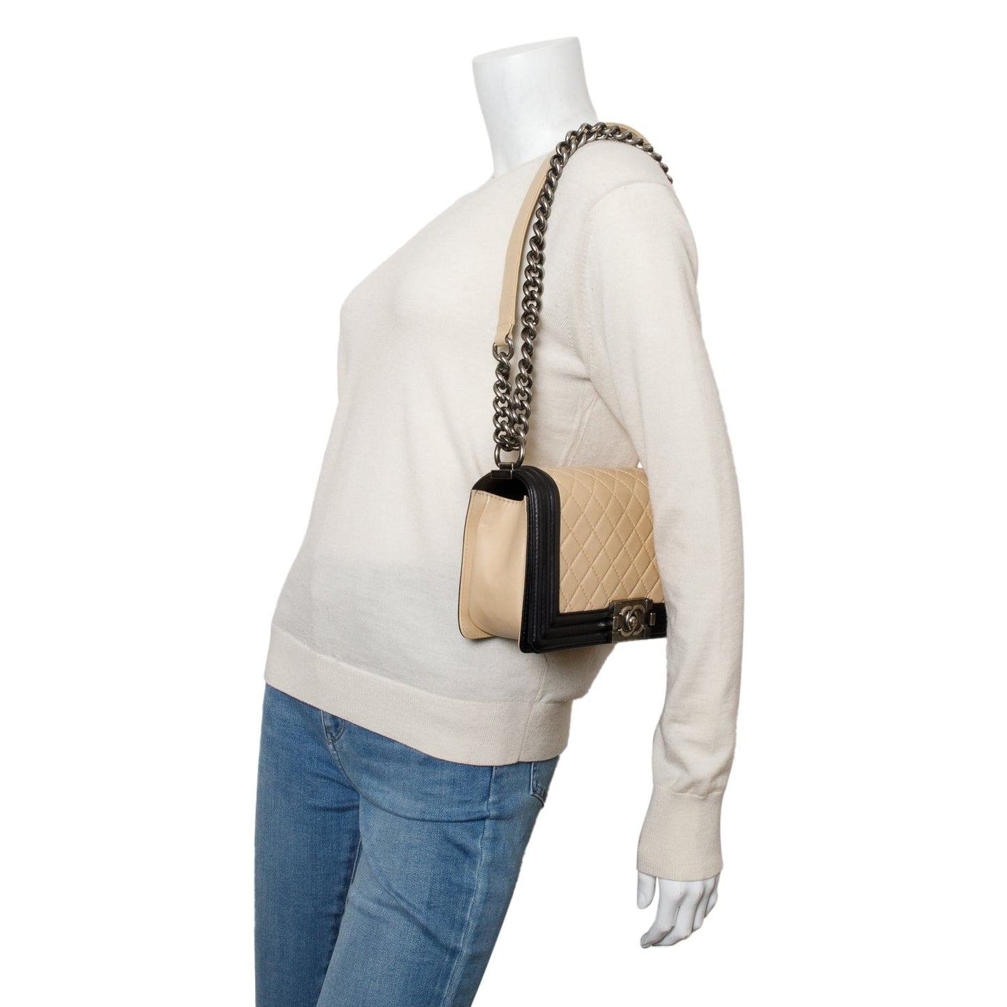 Chanel Beige/Black Quilted Lambskin Leather Medium Boy Bag