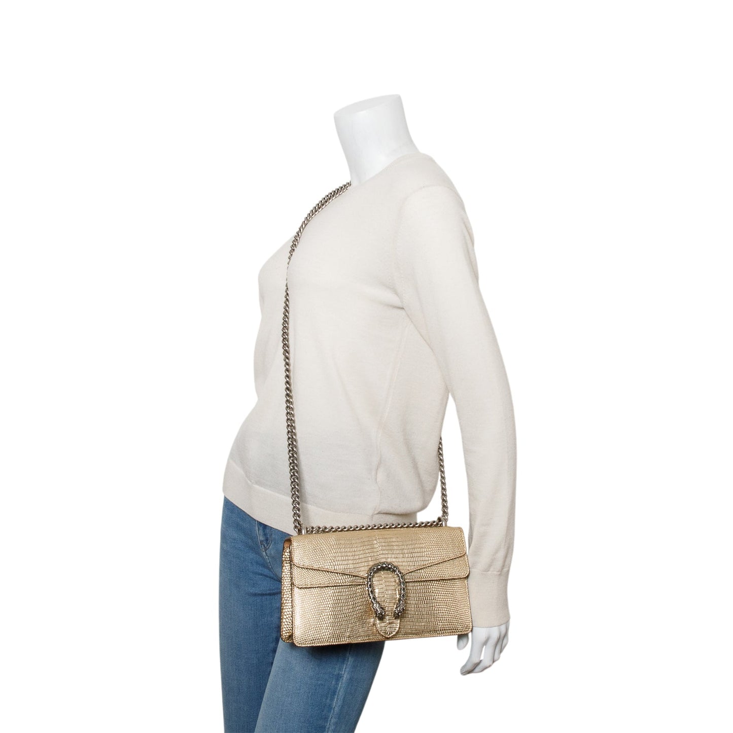 Gucci Gold Metallic Lizard Embossed Crystal Small Dionysus Shoulder Bag