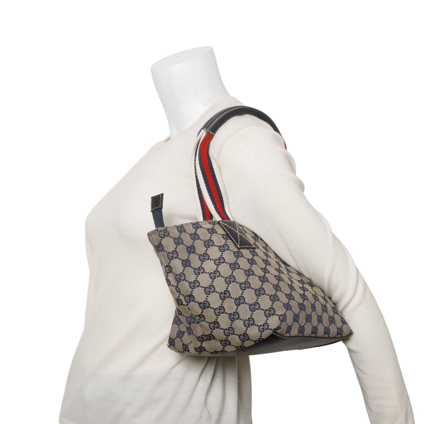 Gucci Navy Monogram Small Web Handle Bucket Tote