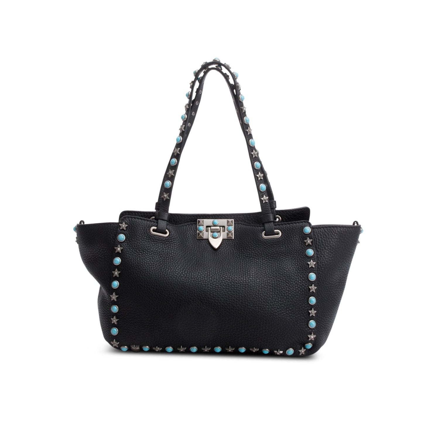 Valentino Black Pebbled Calfskin Small Rockstud Rolling Tote