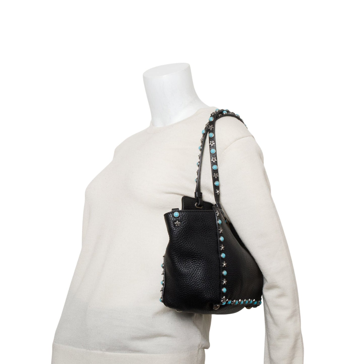 Valentino Black Pebbled Calfskin Small Rockstud Rolling Tote