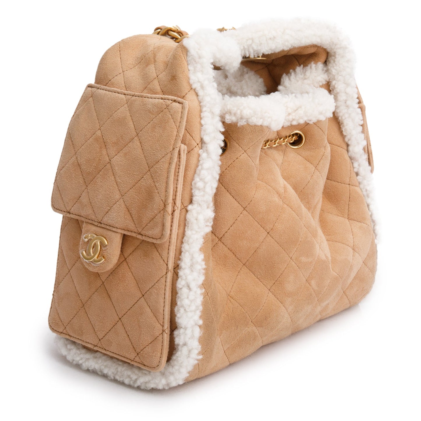 Chanel Brown Suede Quilted Shearling Small 25 Handbag