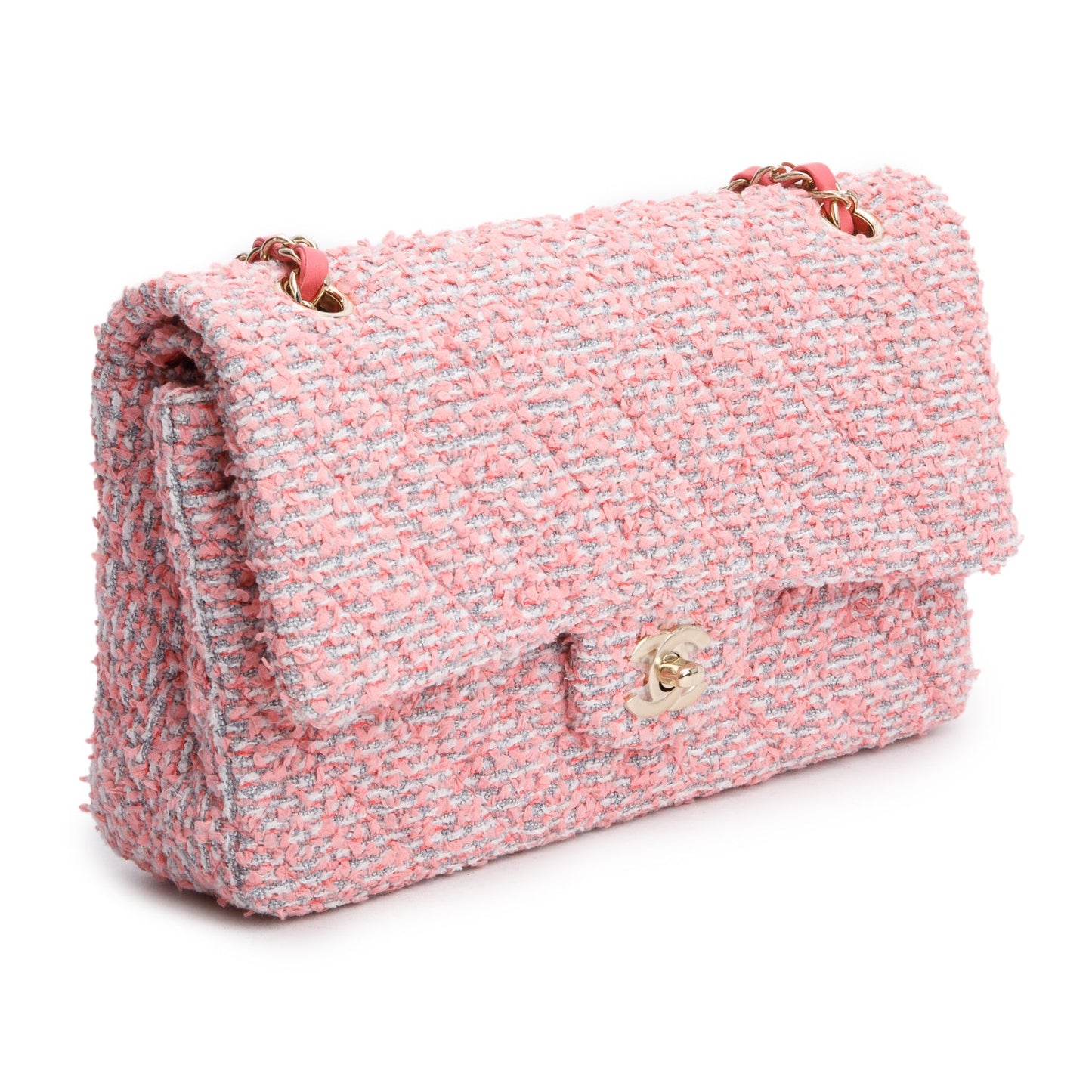 Chanel 2020 Pink Tweed Quilted Medium Double Flap Bag