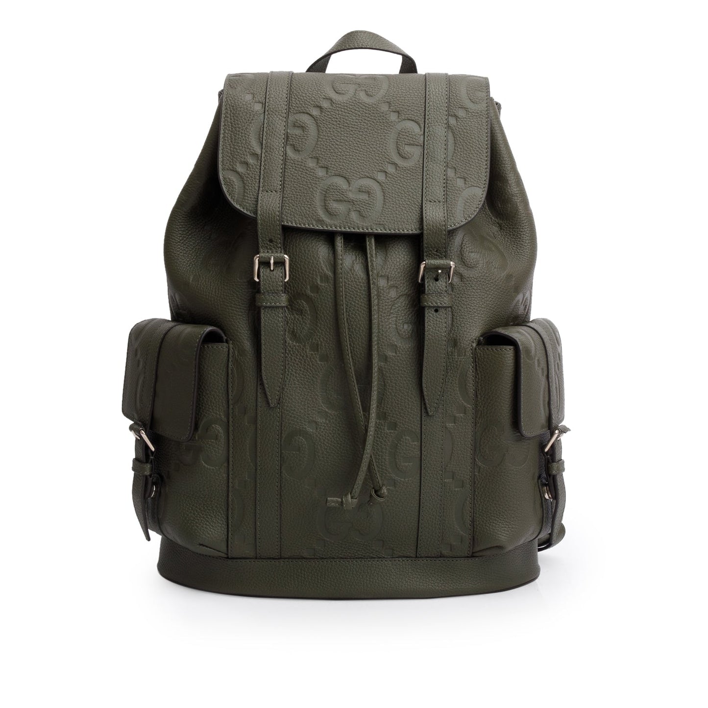 Gucci Green Piuma Calfskin Jumbo GG Embossed Double Buckle Backpack