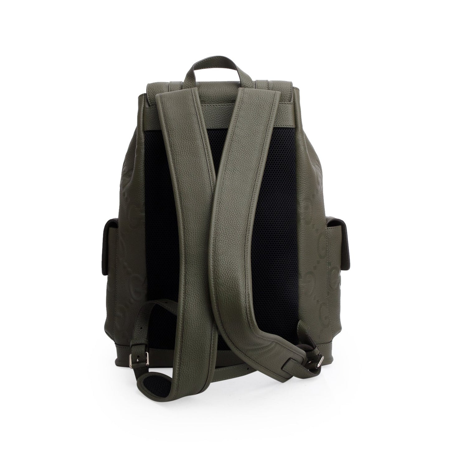 Gucci Green Piuma Calfskin Jumbo GG Embossed Double Buckle Backpack