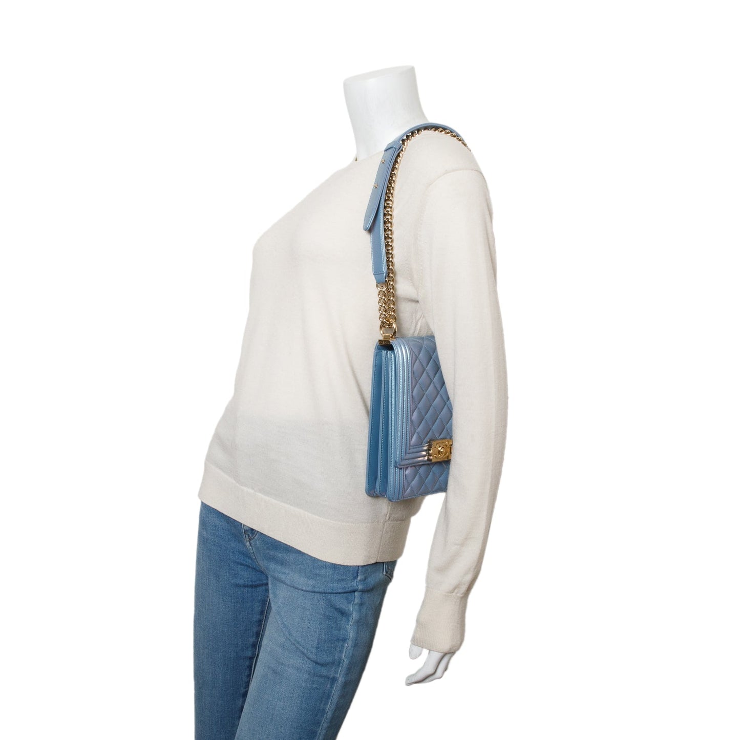 Chanel Blue Iridescent Calfskin Quilted North South Boy Flap Bag