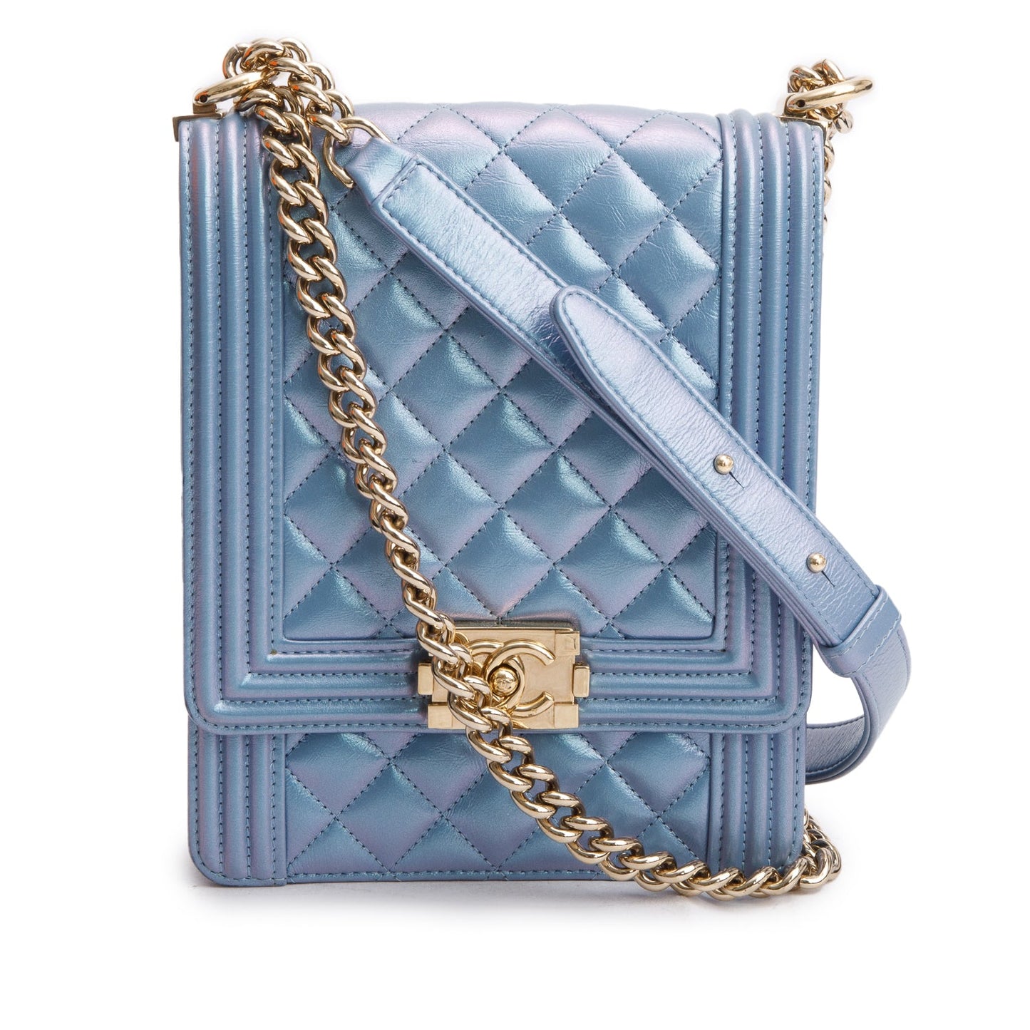 Chanel Blue Iridescent Calfskin Quilted North South Boy Flap Bag