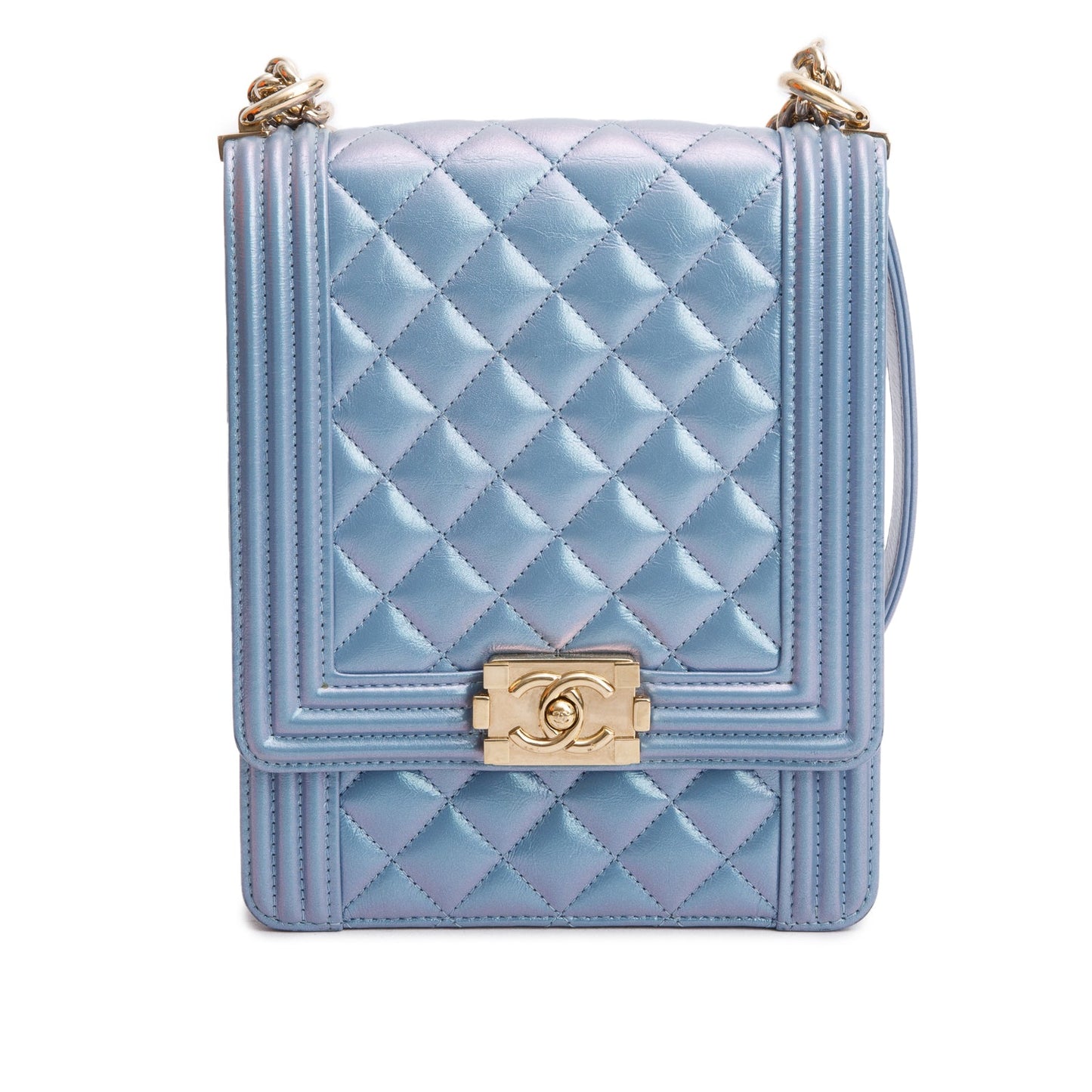 Chanel Blue Iridescent Calfskin Quilted North South Boy Flap Bag