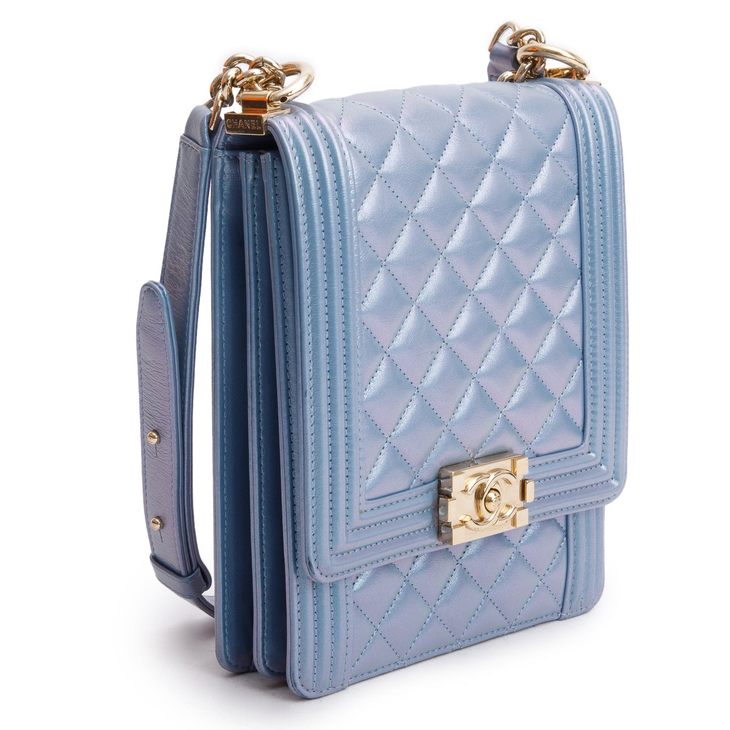 Chanel Blue Iridescent Calfskin Quilted North South Boy Flap Bag