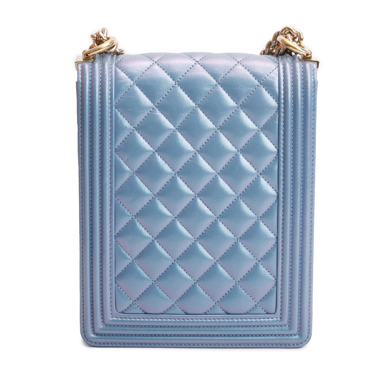Chanel Blue Iridescent Calfskin Quilted North South Boy Flap Bag