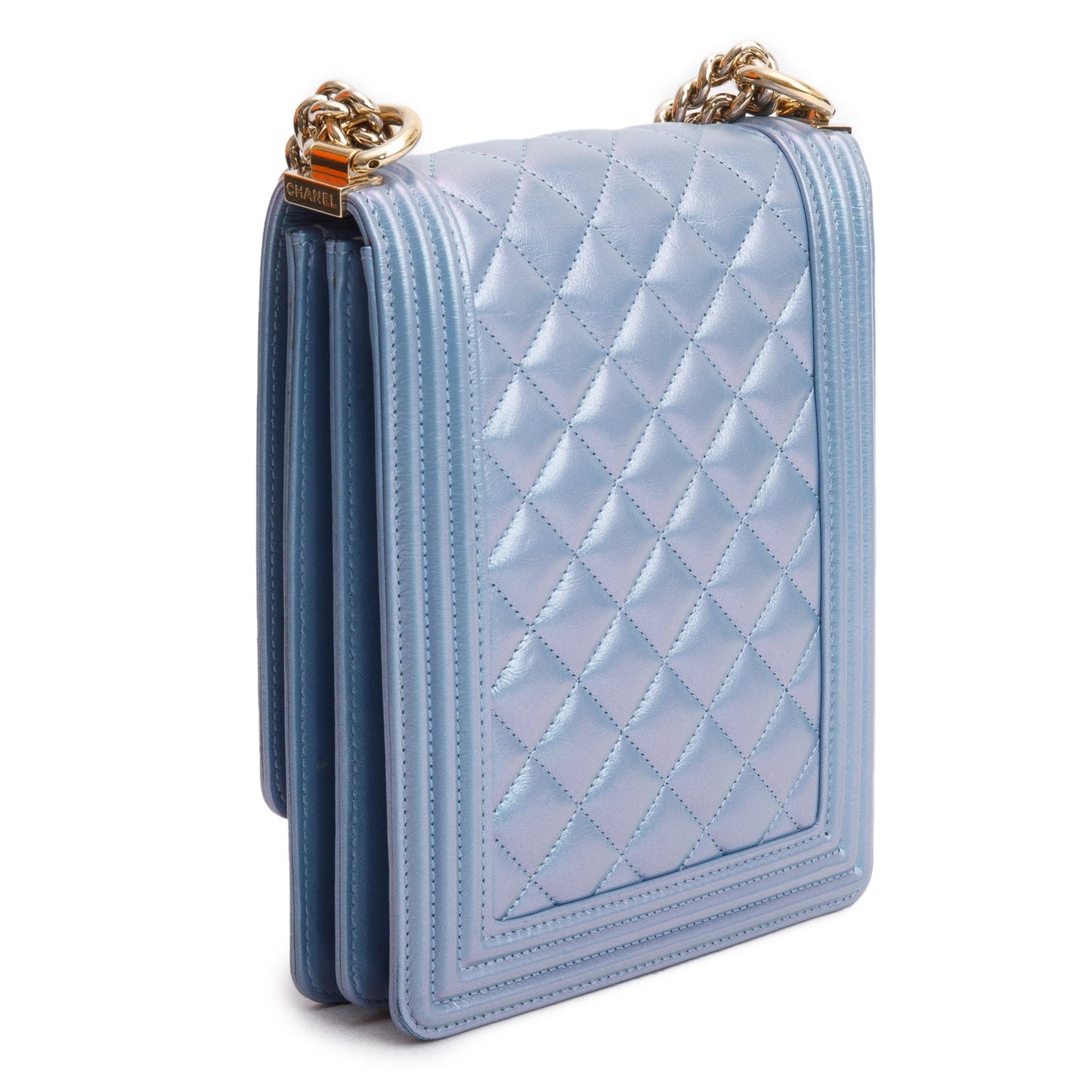 Chanel Blue Iridescent Calfskin Quilted North South Boy Flap Bag