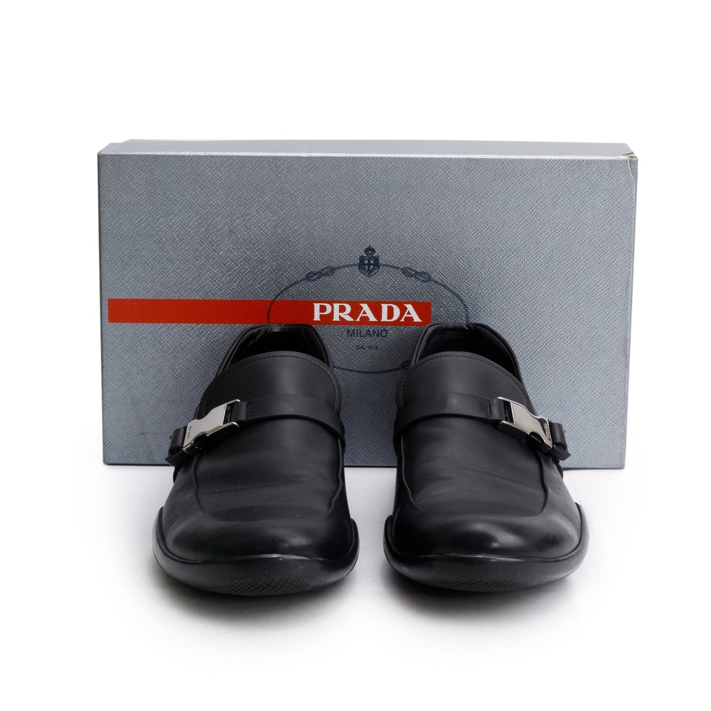Prada Sport Black Leather Buckle Loafers, Men's Size 10