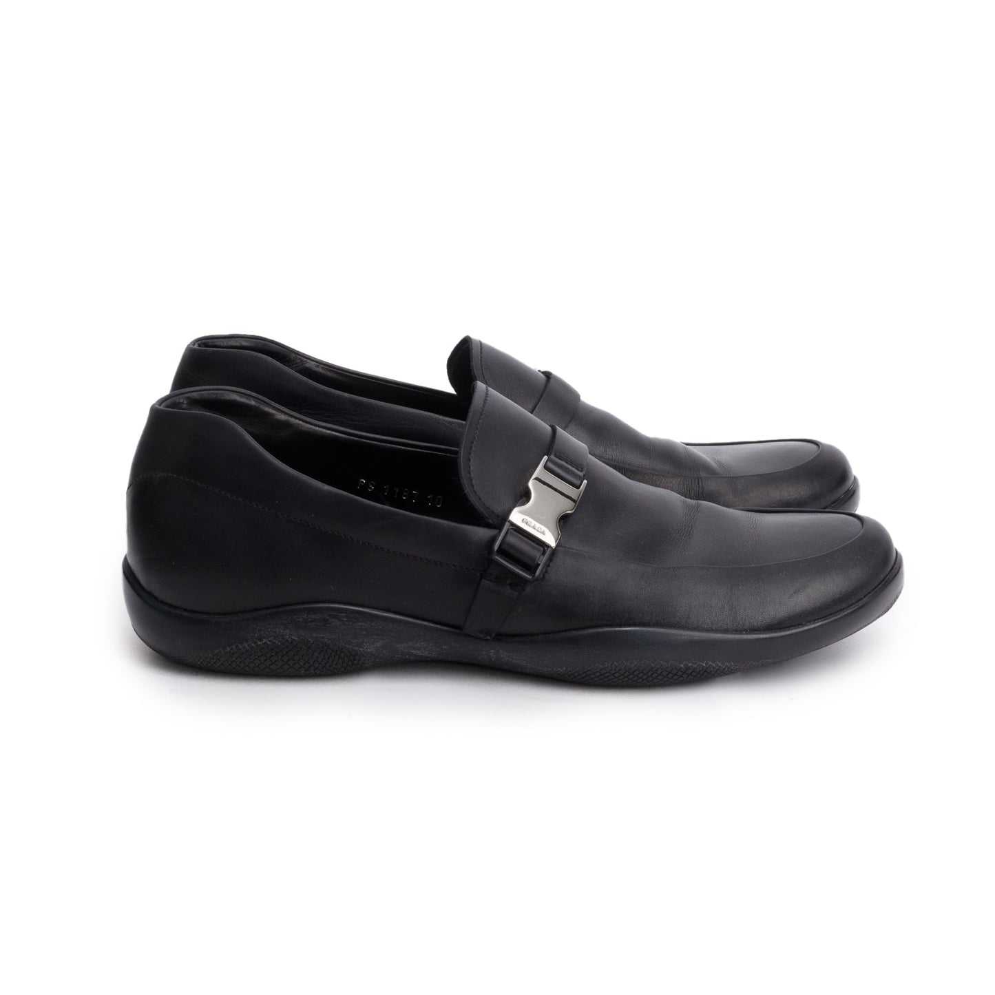Prada Sport Black Leather Buckle Loafers, Men's Size 10