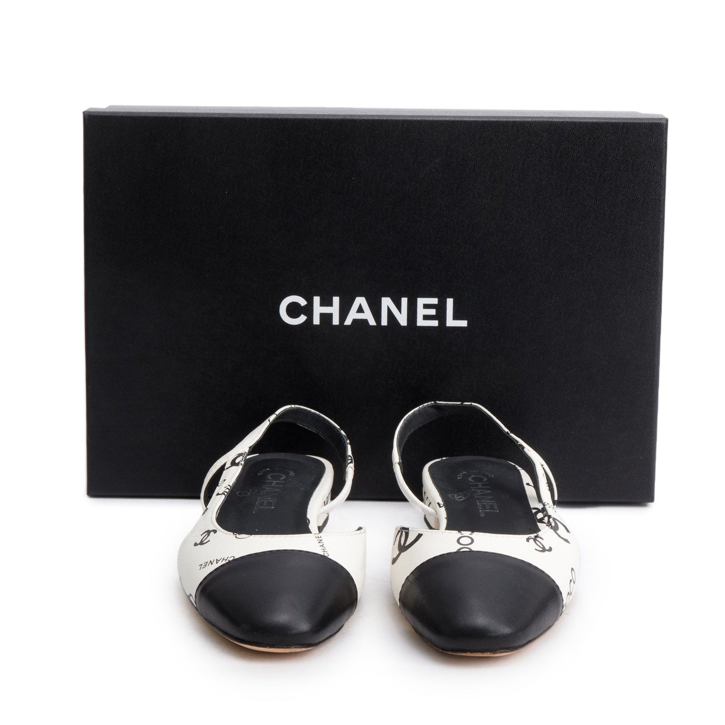 Chanel White Black Printed Lambskin CC Slingback Flats, Size 40