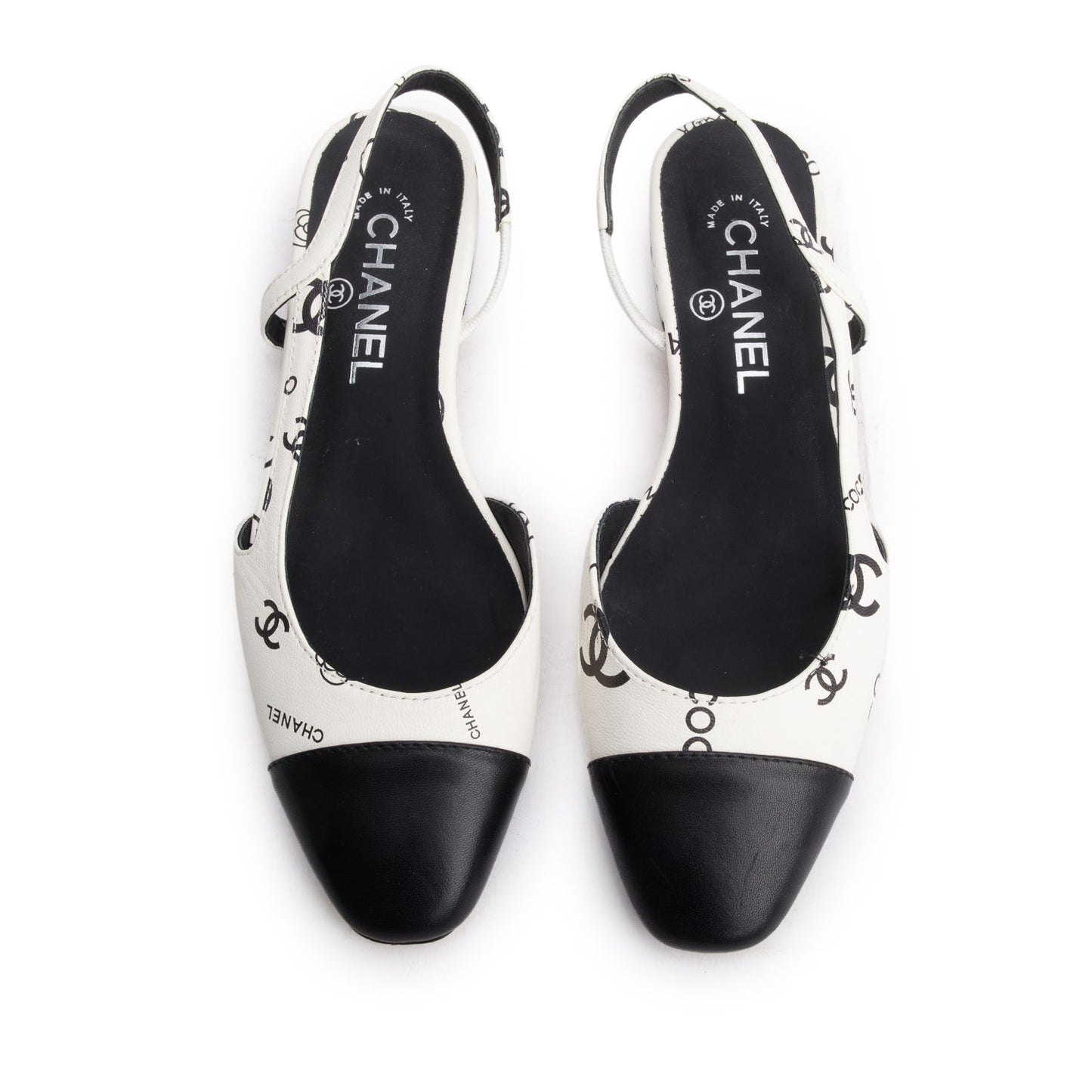 Chanel White Black Printed Lambskin CC Slingback Flats, Size 40