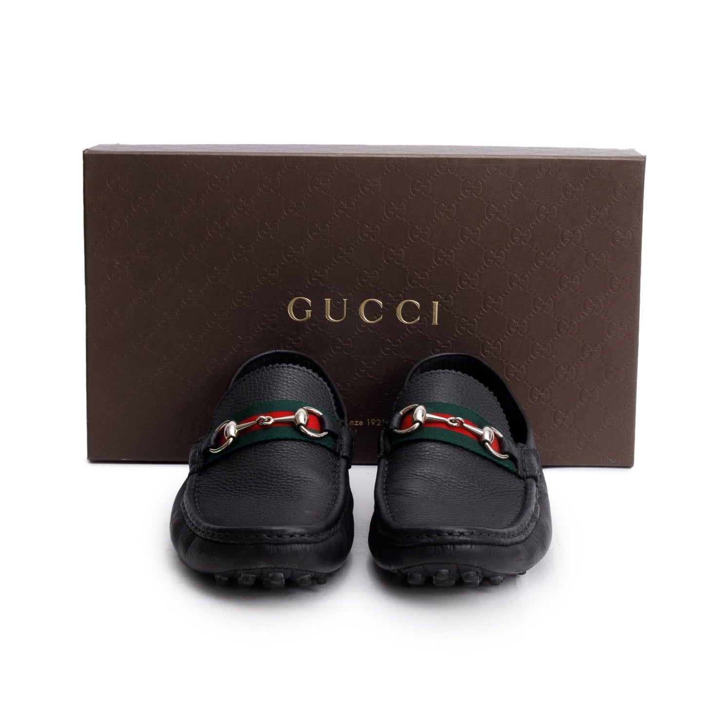 Gucci Black Grained Leather Horsebit Web Driving Loafers, Men's Size 9.5