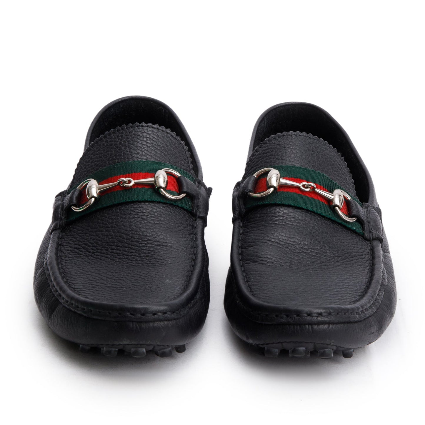 Gucci Black Grained Leather Horsebit Web Driving Loafers, Men's Size 9.5