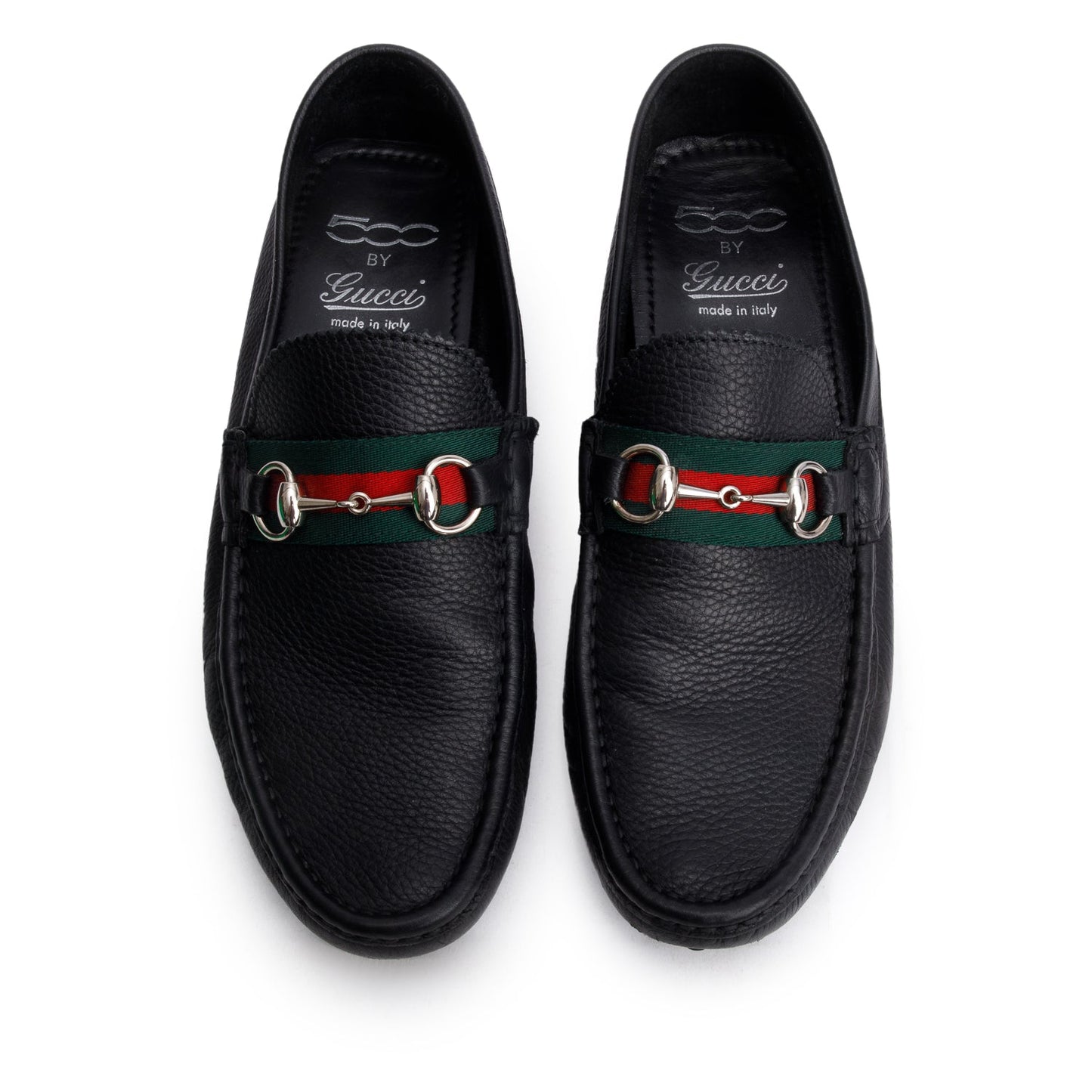 Gucci Black Grained Leather Horsebit Web Driving Loafers, Men's Size 9.5