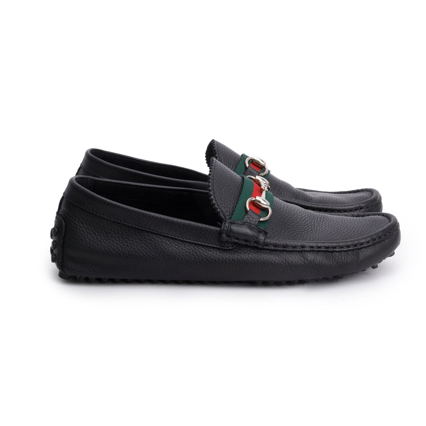 Gucci Black Grained Leather Horsebit Web Driving Loafers, Men's Size 9.5