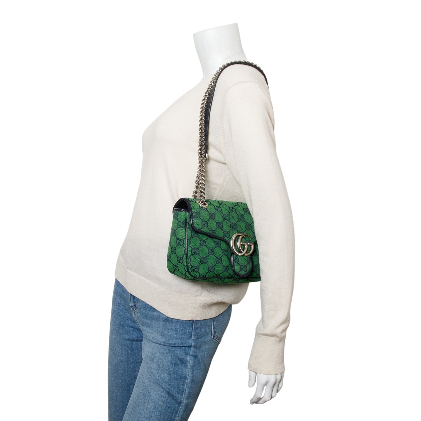 Gucci Green Monogram Matelassa Diagonal Small GG Marmont Shoulder Bag