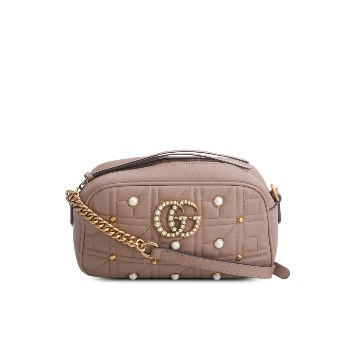 Gucci Beige Calfskin Matelasse Studded Small Pearly GG Marmont Shoulder Bag