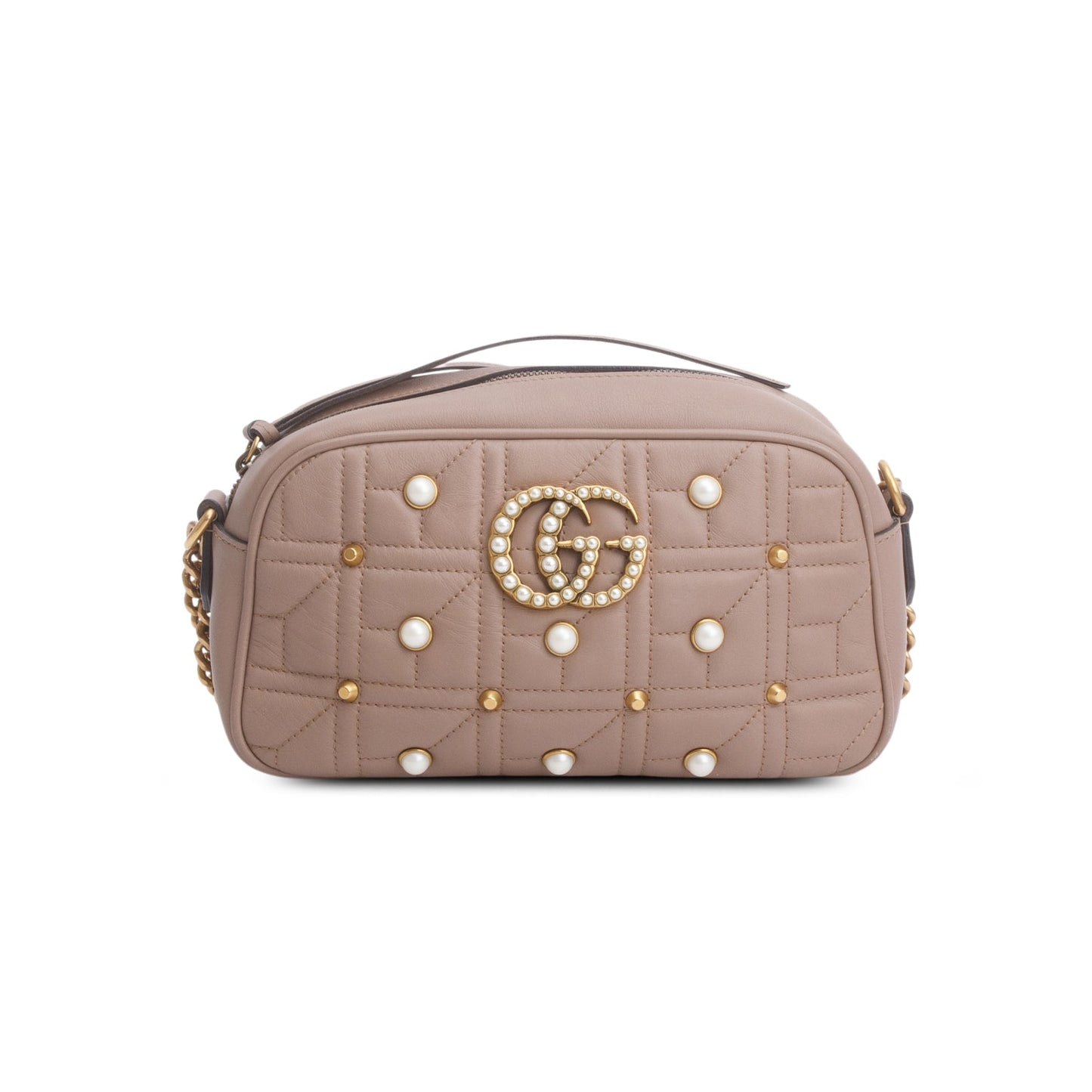 Gucci Beige Calfskin Matelasse Studded Small Pearly GG Marmont Shoulder Bag