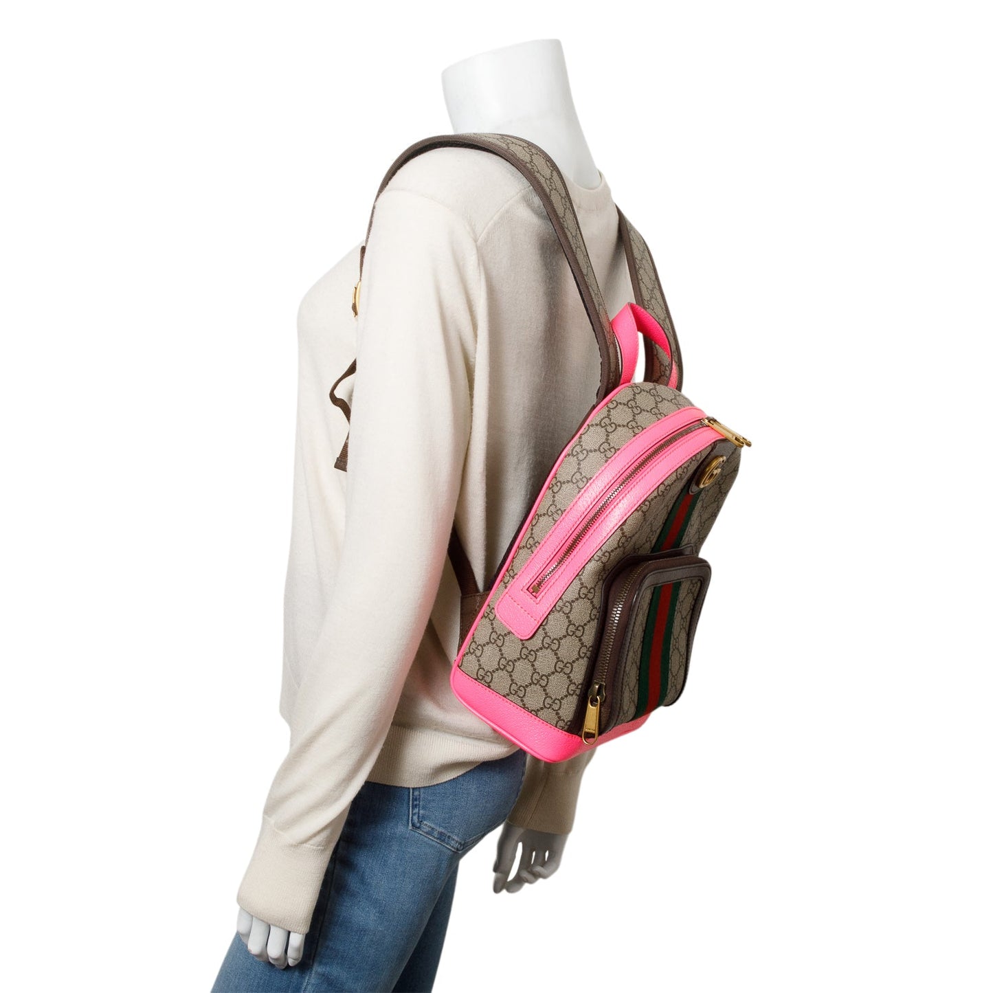 Gucci GG Supreme Monogram Pink Calfskin Web Small Ophidia Day Backpack