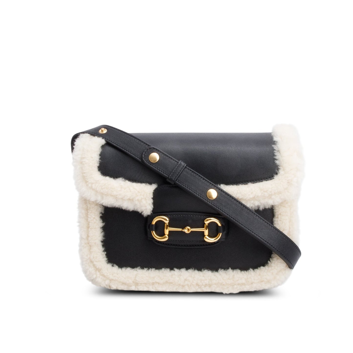 Gucci Black Leather Shearling Trim Horsebit 1955 Small Shoulder Bag