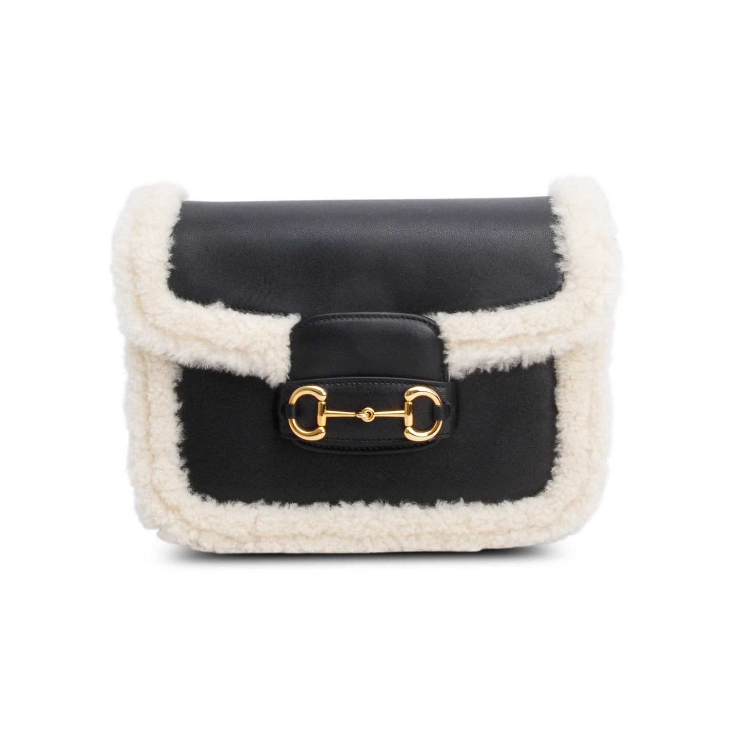 Gucci Black Leather Shearling Trim Horsebit 1955 Small Shoulder Bag