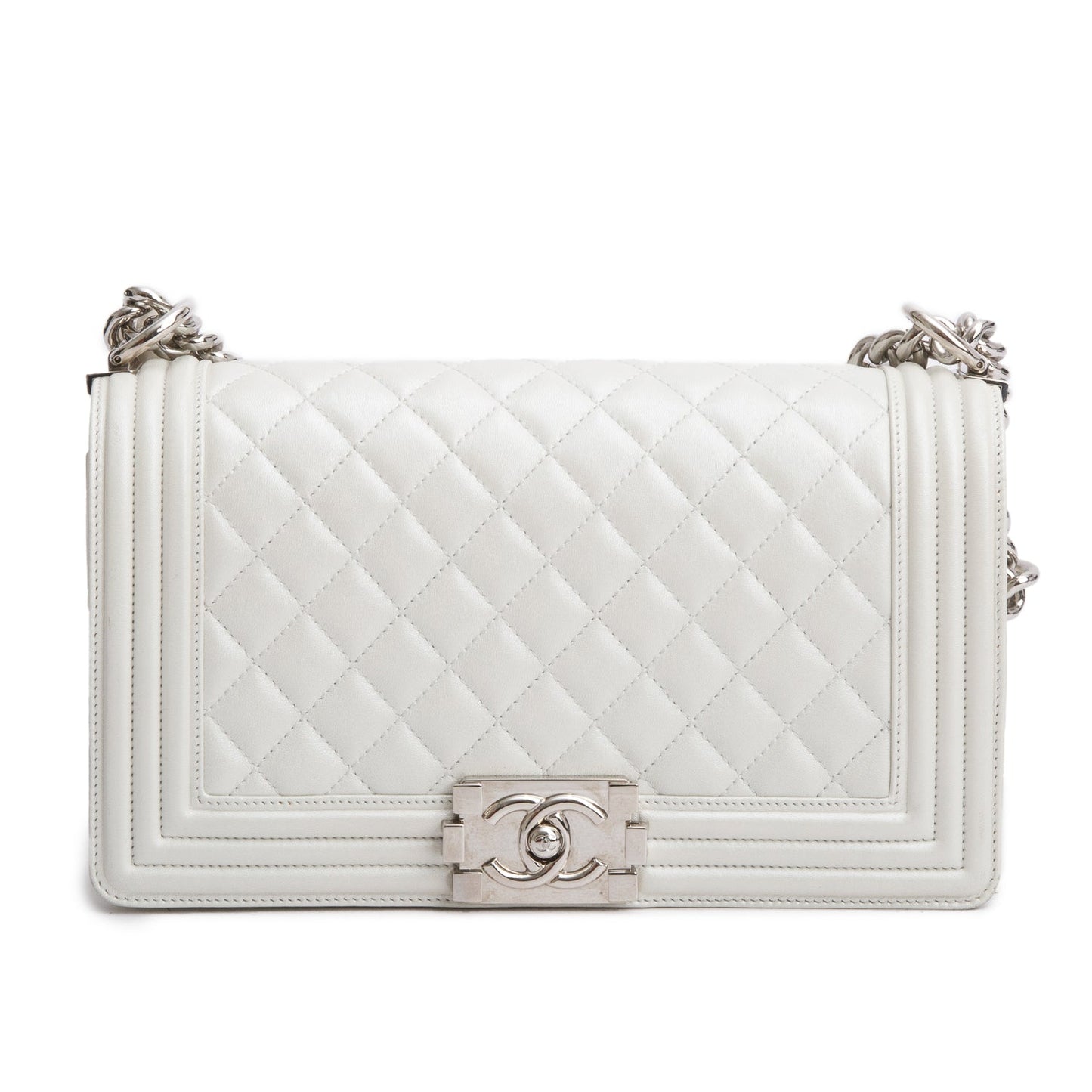 Chanel Pearly White Quilted Lambskin Leather Medium Boy Bag