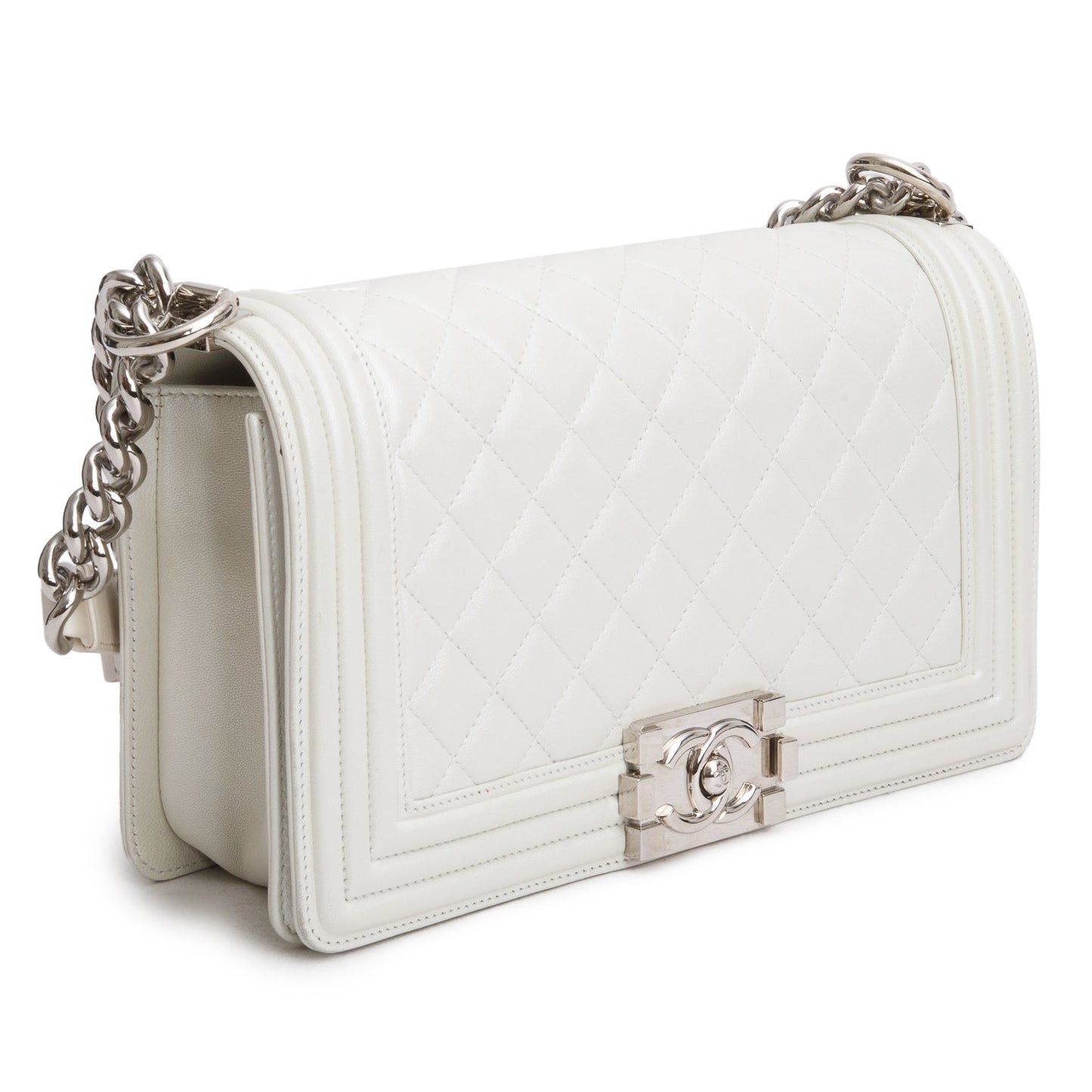 Chanel Pearly White Quilted Lambskin Leather Medium Boy Bag