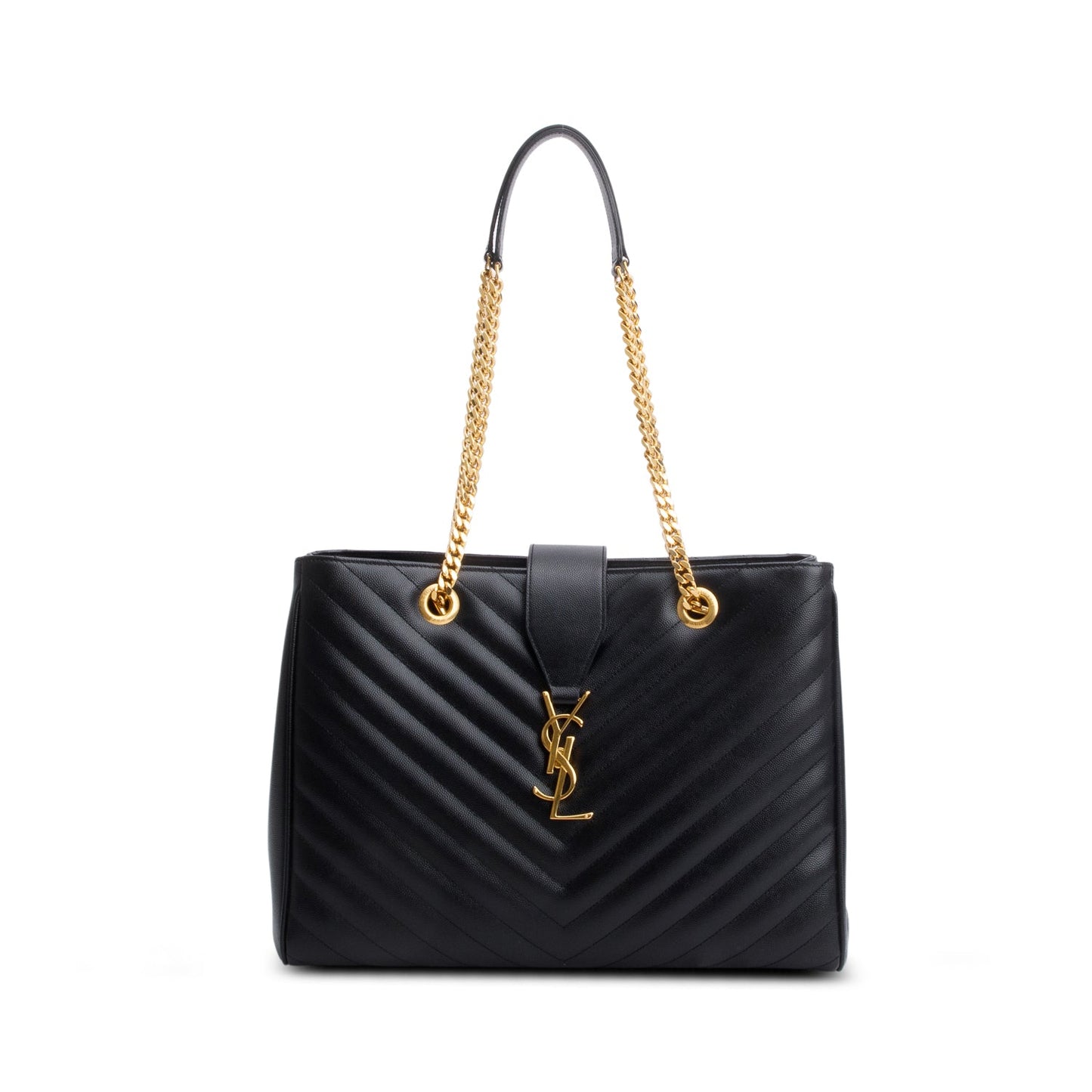 Saint Laurent Black Grain de Poudre Matelasse Chevron Monogram Shopping Bag