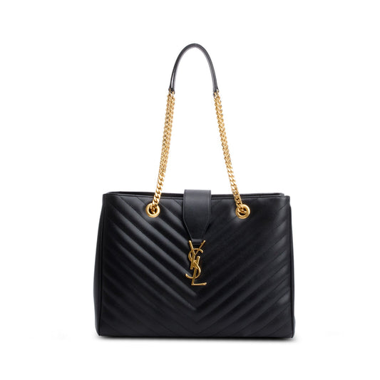 Saint Laurent Black Grain de Poudre Matelasse Chevron Monogram Shopping Bag