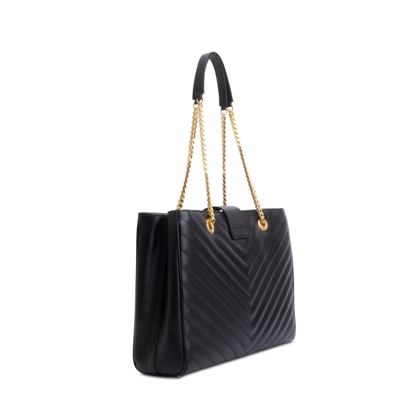 Saint Laurent Black Grain de Poudre Matelasse Chevron Monogram Shopping Bag